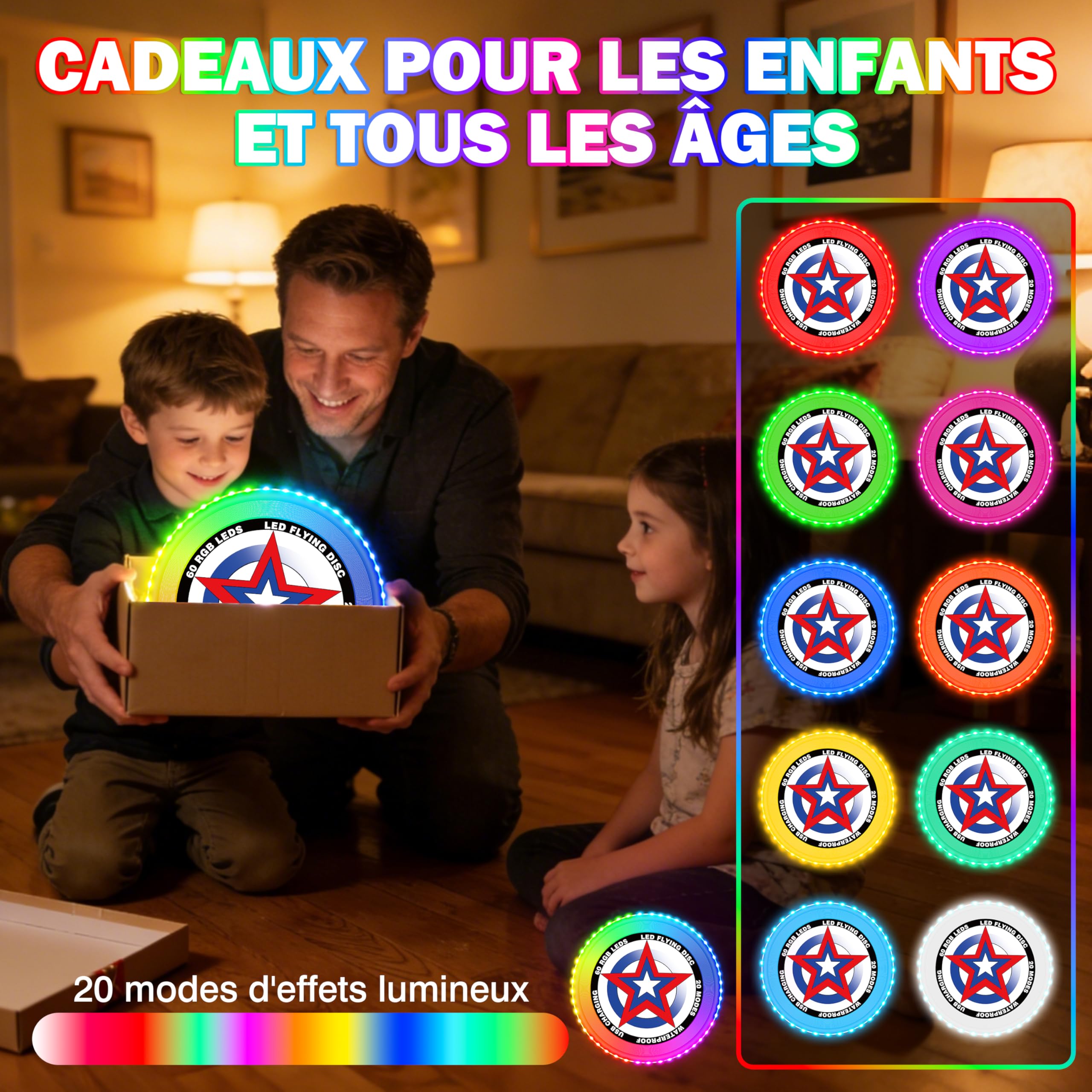 Frisbee Lumineux avec 20 Effets Lumineux, Imperméable, Capable de Flotter sur l'eau, Anneau Volant 60 LED, Jouet Jeux d'extérieur Cadeaupour Adultes Enfants, LED Frisbee pour Plage Pelouse Camping