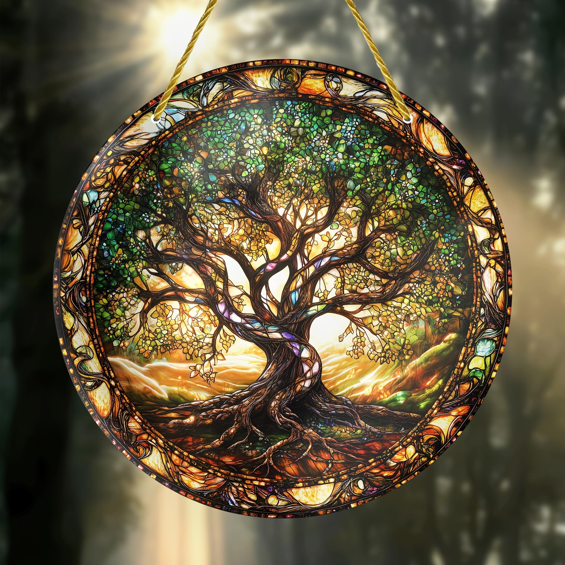 Tree of Life Stained Glass Window Art with Chain Hook – Tree Ornament for Home and Garden Decoration, for Mom, Grandma and Nature Lovers