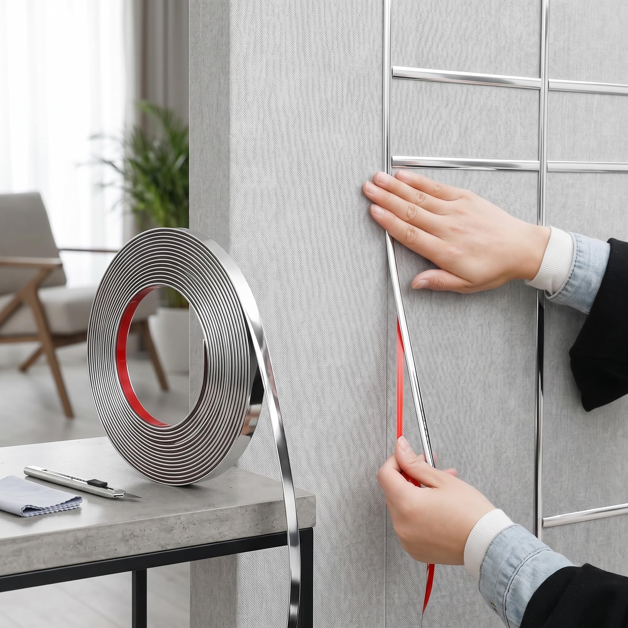Strisce adesive Auto 1 Rotolo Decorazione cromata 10m x 8mm Argento Flessibile Impermeabile per Esterni Interni carrozzeria casa Fai da Te Multiuso Facile da Applicare