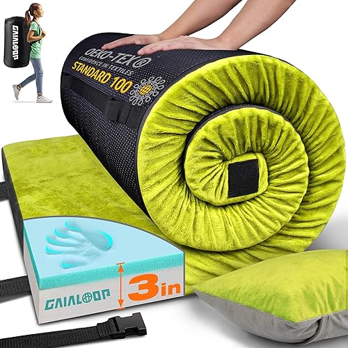 Miniatura 32 de Colchón de Espuma Viscoelástica de 3 Pulgadas para Acampar, Almohadilla de Dormir de Doble Capa Gruesa para Coche, Tienda, Cama, Enrollable, Verde