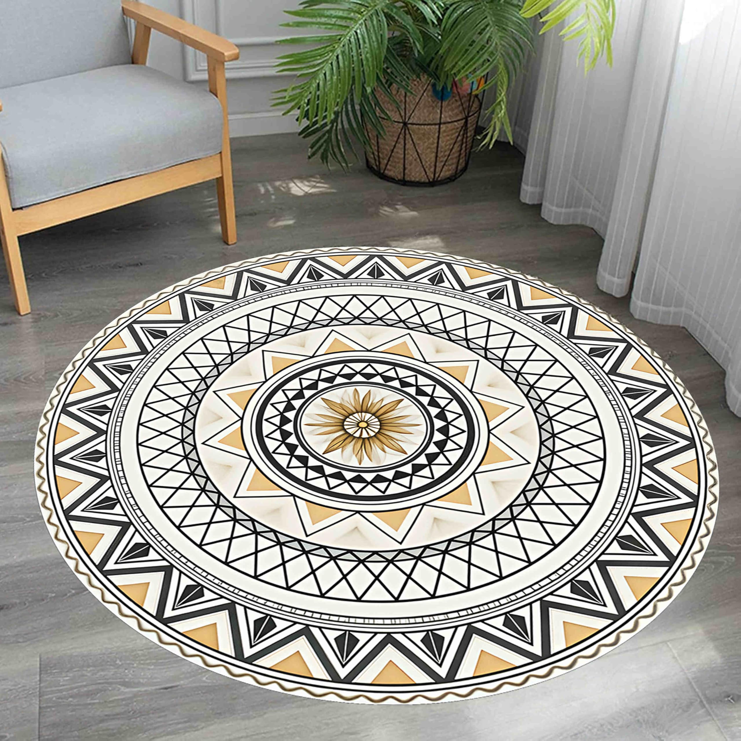 YHUERC Black White Round Large Rug, 100cm Bohemian Mandala Pattern Carpet, Living Room Yellow Triangle Anti-Slip Rug, Soft Washable Bedside Carpet, for Kitchen Bedroom Kids Room Decor.