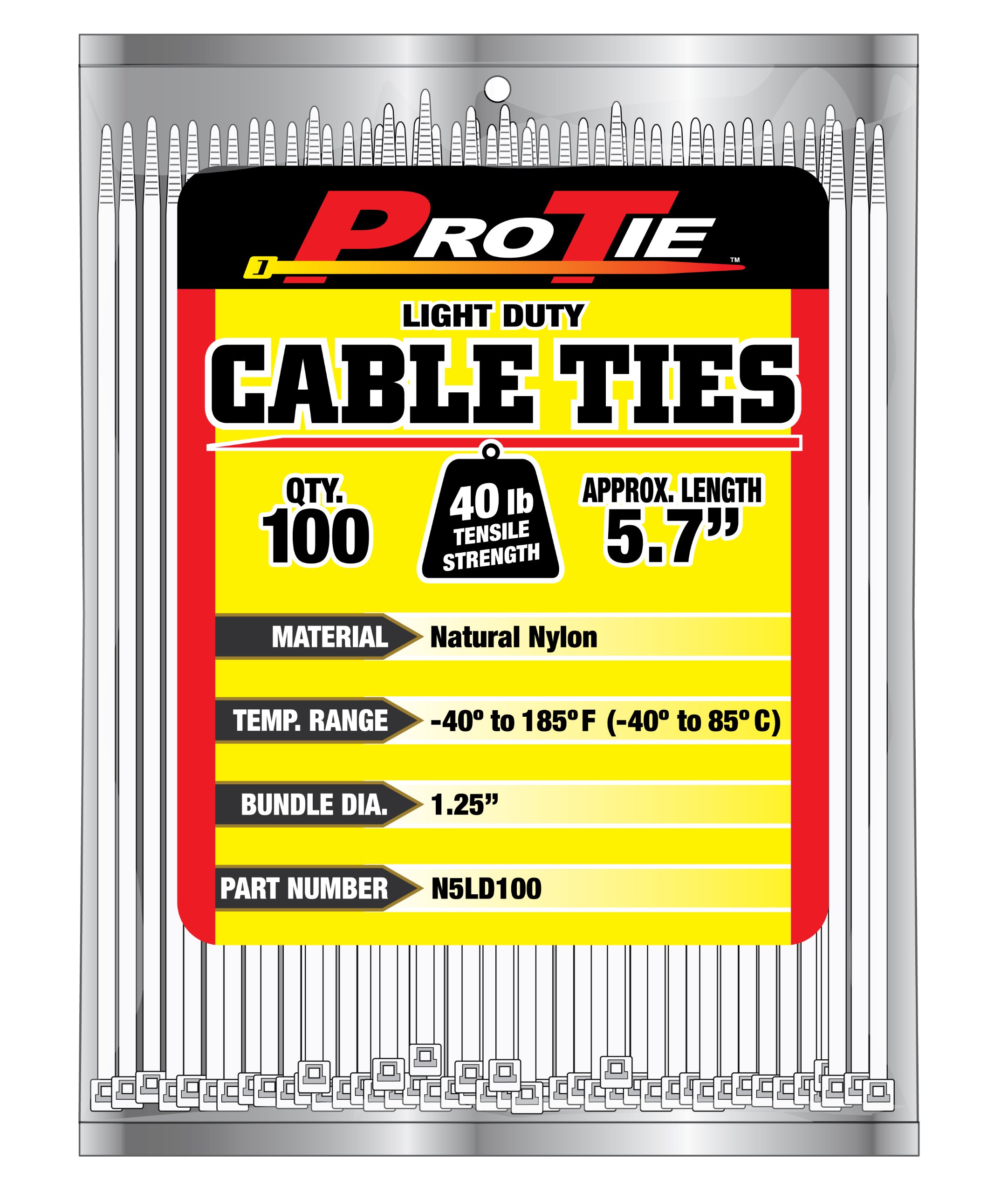 Pro Tie Light Duty, Self-Locking Nylon Cable Wire Ties for Indoor and Outdoor Use | 5.7-Inch, 40 lbs. Tensile Strength, Natural Nylon, 100-Pack (PN: N5LD100)