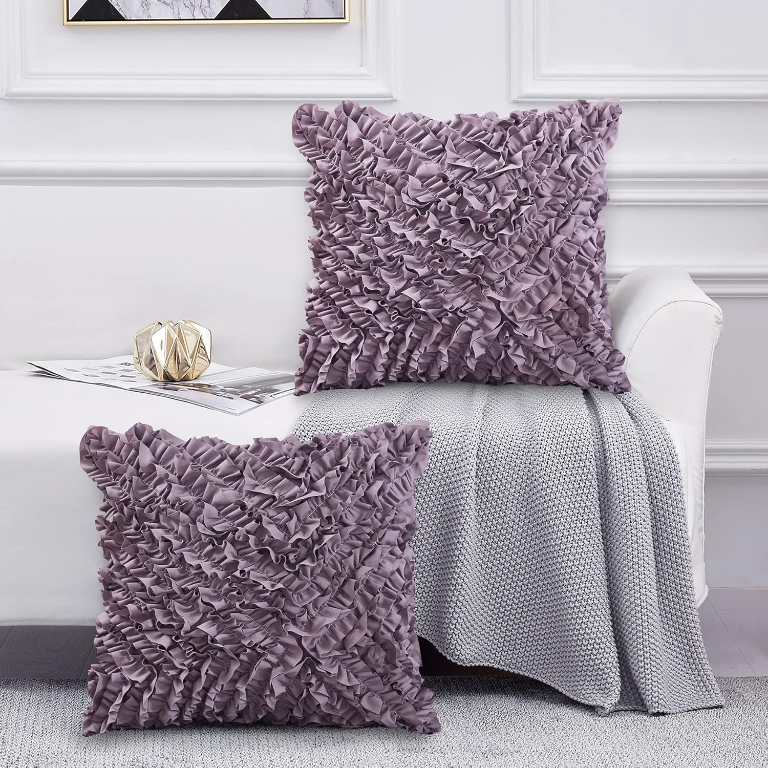 Leeden Throw Pillow Covers (Set of 2), 3D Design Handmade Cute Ruffles Pillowcase, Christmas Decorative Cushion Cover for Sofa Couch Bedroom Living Room, 20 x 20 inch, Lavender Lavender Pillow Cover 20"×20", 2 PCS