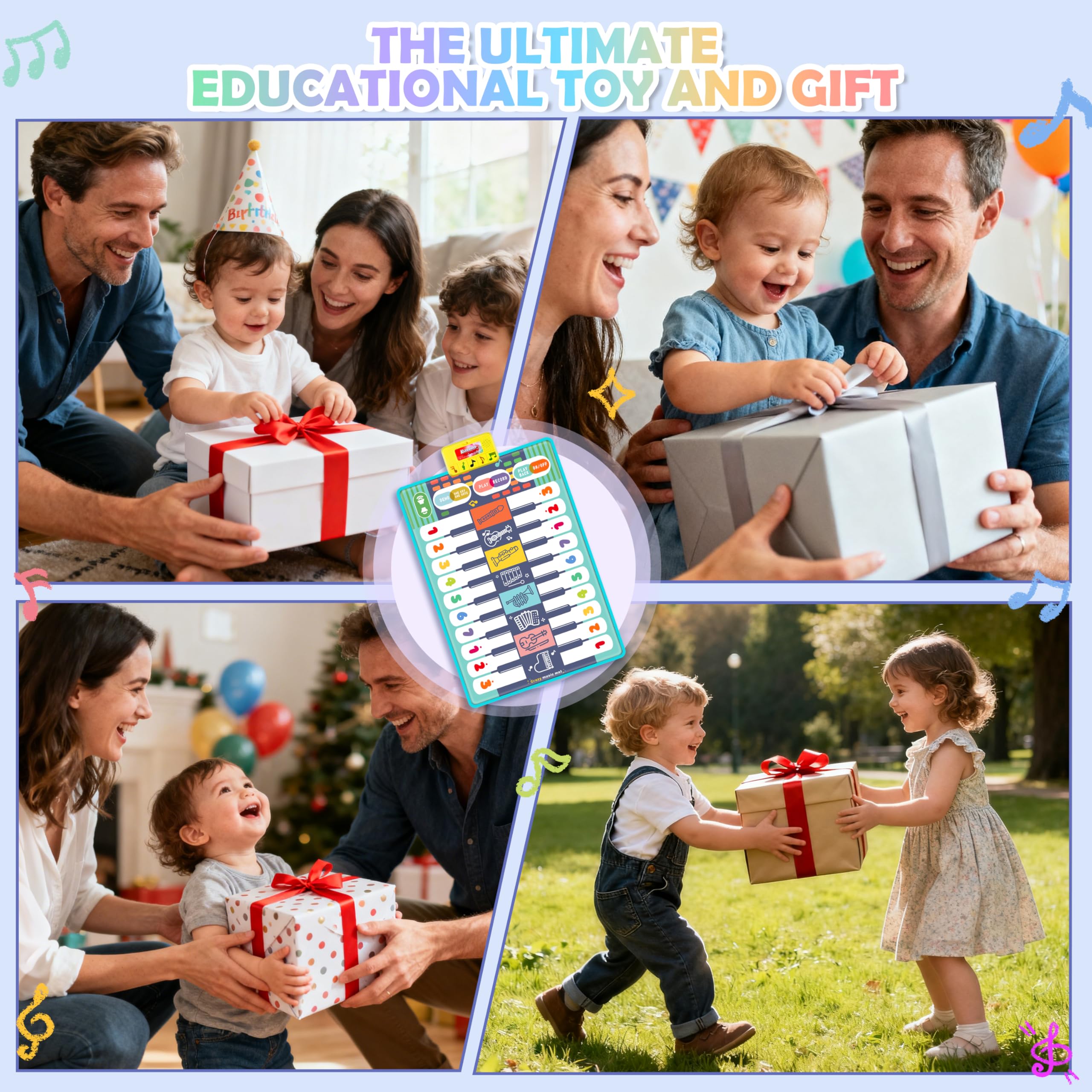 Charmofun Tappeto Musicale Bambini, Tappetino Musicale per Pianoforte con 8 Strumenti, 10 Canzoni Incorporate, Giocattolo Musicale Regalo Natale e Compleanno per Ragazzi Ragazze 1 2 3 4 Anni