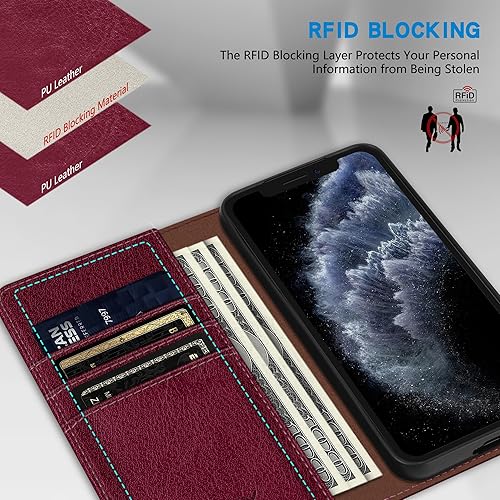 Miniatura 2 de ZZXX Funda tipo cartera para iPhone 11 Pro Max, 3 ranuras para tarjetas con bloqueo RFID, funda protectora de cuero magnético fuerte para teléfono