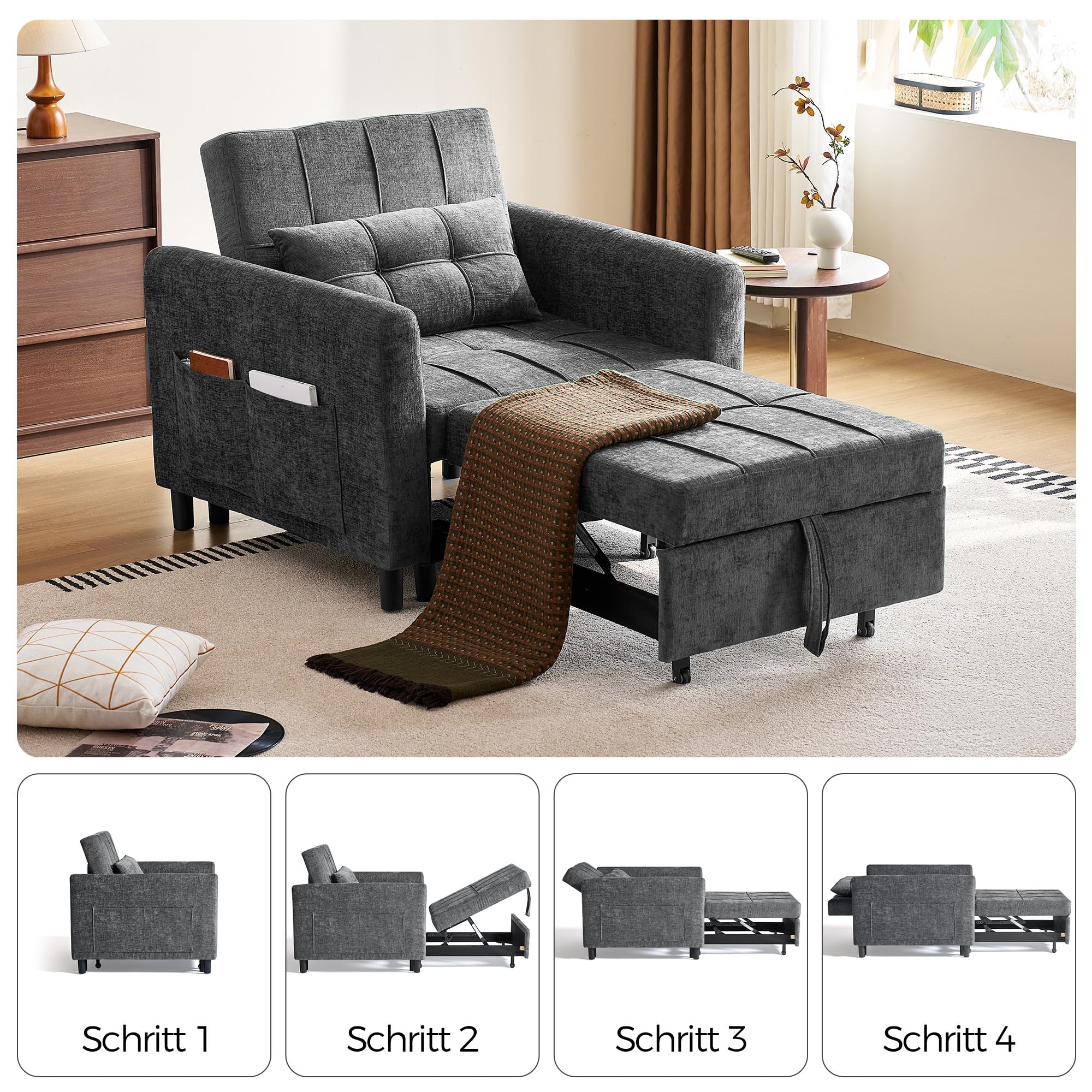 LINSY HOME 3-in-1 Schlaferstuhl, 1-Sitzer Sofa mit Schlaffunktion, Chenille Sessel Kleine mit Kissen und Seitentasche für Kleine Wohnung - Schlafbereich 74 x 190cm (Grau)