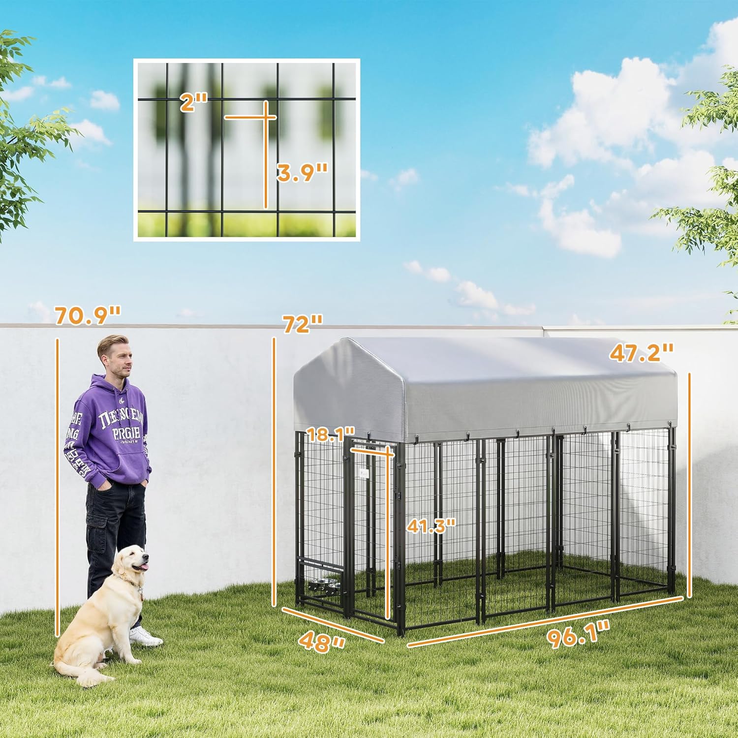 PawHut 8' x 4' x 6' Outdoor Dog Kennel, Welded Wire Dog Kennel Outside Run with 360° Rotating Bowls, Waterproof & UV Resistant Cover, for S&M&L Breeds, Chickens, Ducks, Silver