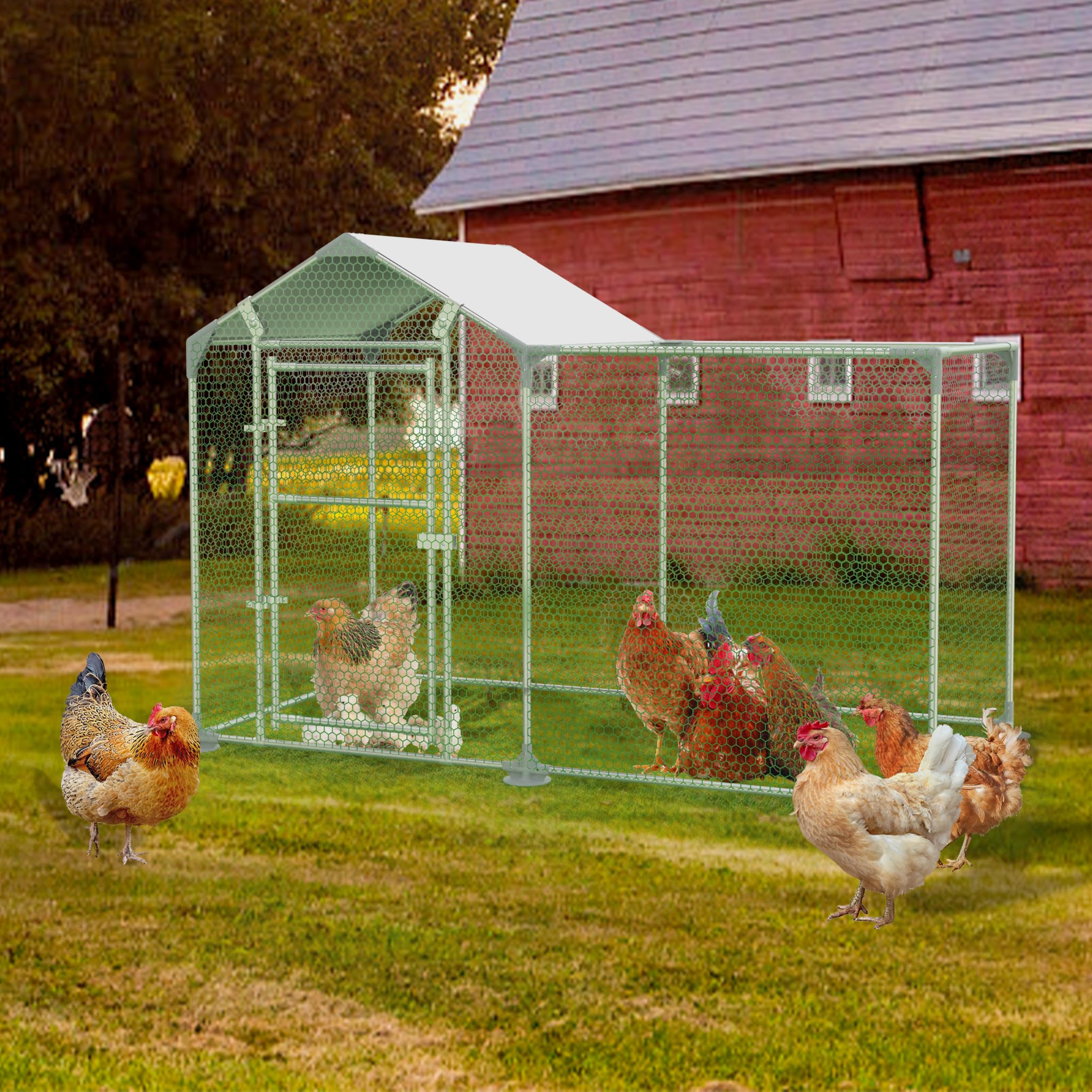 LILIIN Gallinero de 2 x 1 x 1,4 m, Acero Galvanizado, Jaula para Gallinas, Patos, Conejos y Gansos, Cercado al Aire Libre con Cerradura, Aviario para Aves de Corral y Animales Pequeños, Color Verde
