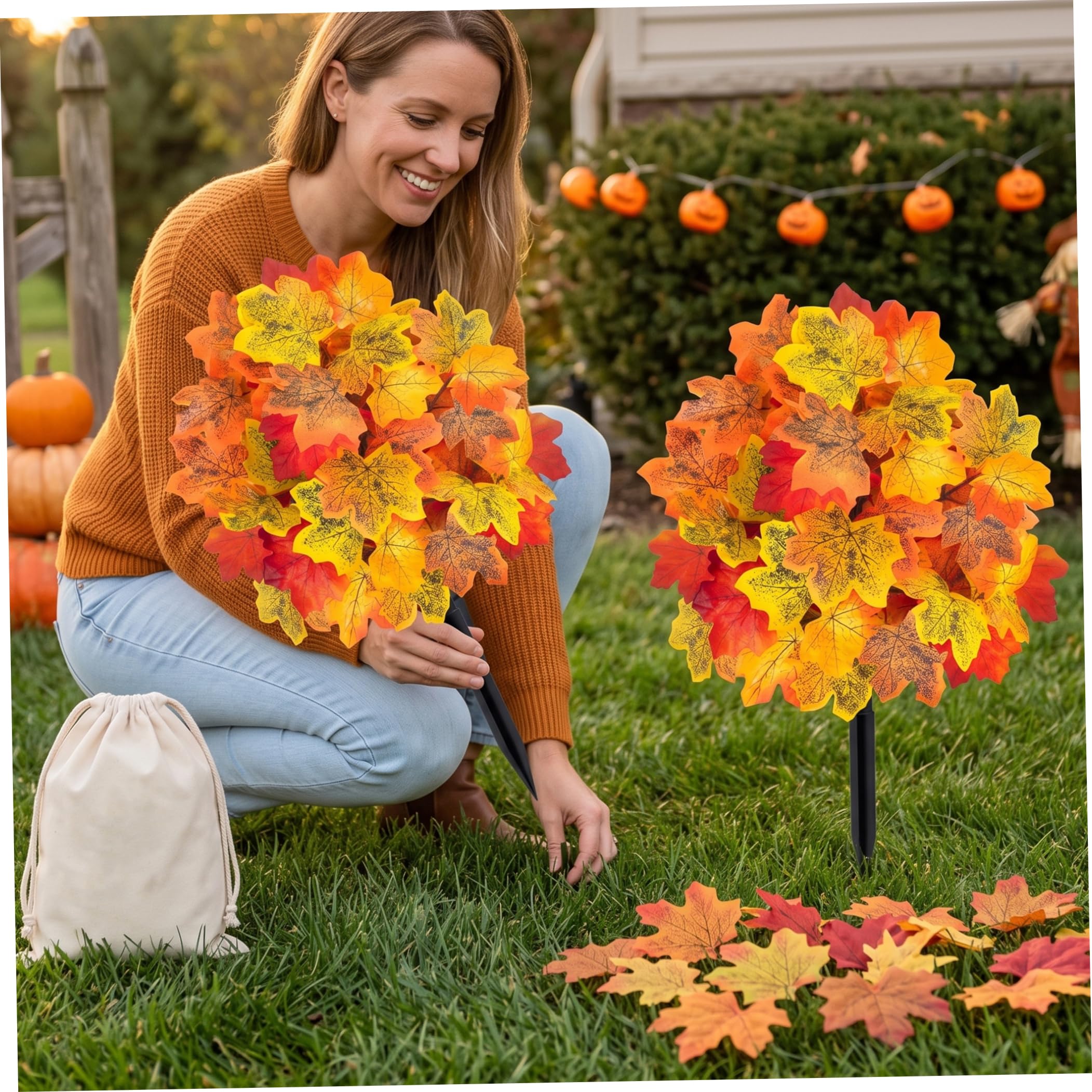 Pali da giardino per piante artificiali da esterno, decorazioni per foglie autunnali di Halloween da 2 pezzi