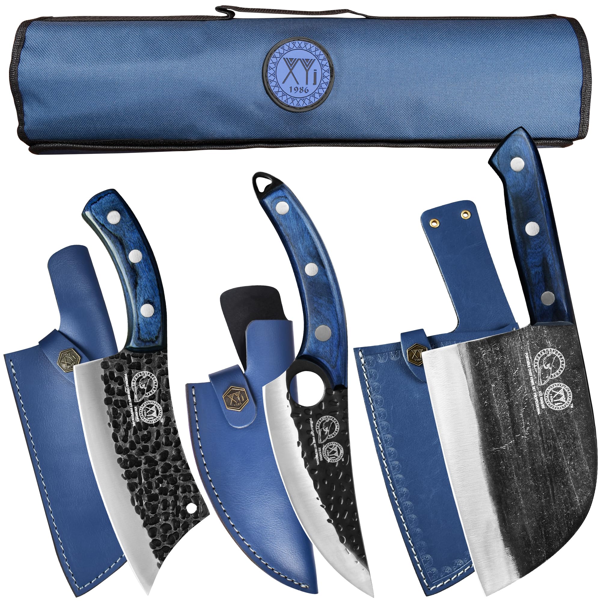XYJ FULL TANG 6.7 Inch forging Butcher Knife 6.2 Inch Camping Kitchen Knives 6 Inch Outdoor Boning Knife with Carry Sheath&Chef Knives Bag&Cutlery Gadget Set (Blue)