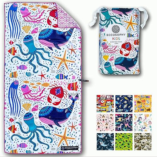 ECCOSOPHY Toallas de playa y bolsa de microfibra para niños 60 x 30 pulgadas toallas de baño para niños pequeños niñas y niños toallas de piscina de