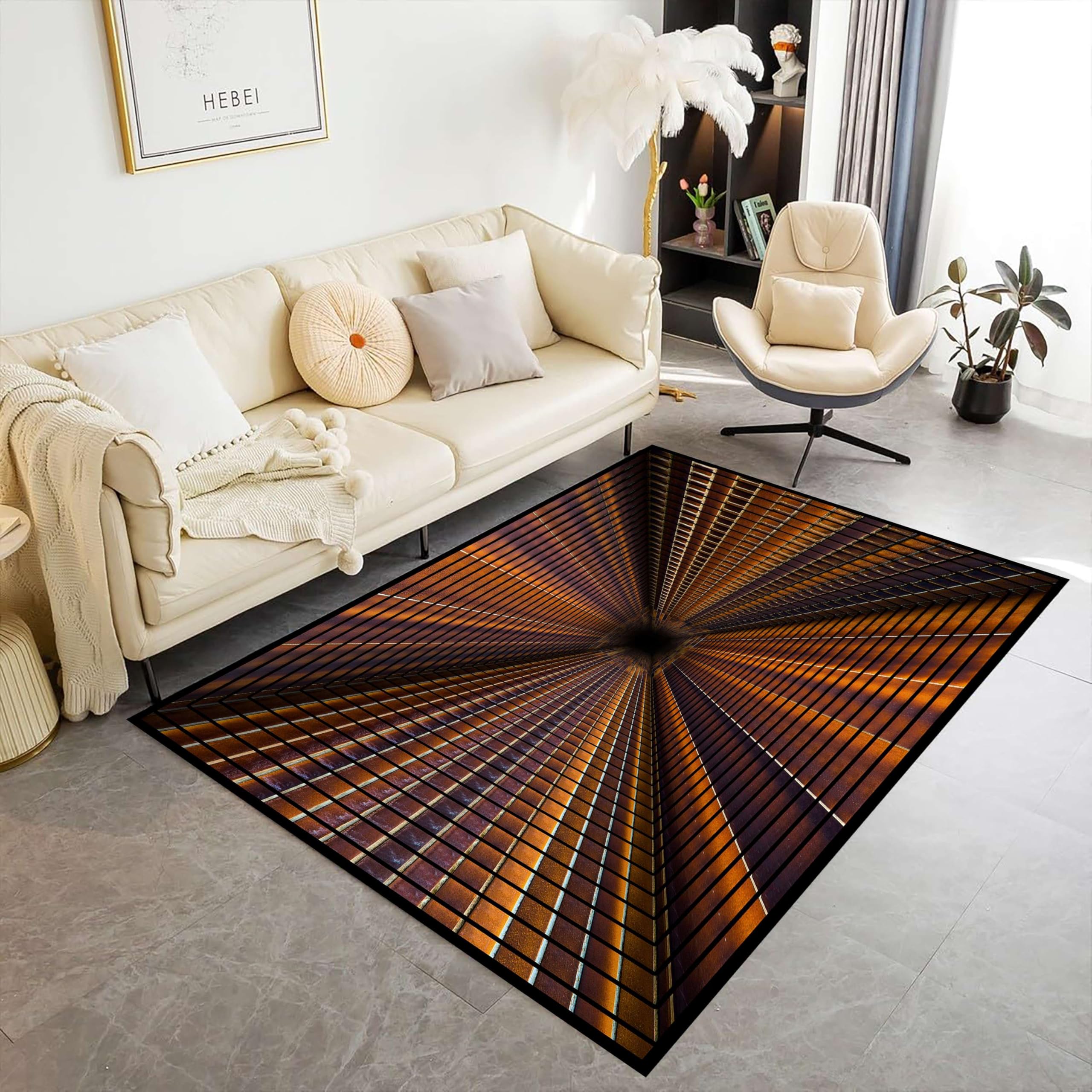 SOJAWA 3D Area Rug, 60x110cm Non-Slip Cool Bottomless Pit Optical Illusion Rugs, Gold Geometric Lattice Print Pattern Large Carpet, for Bedroom Kitchen Apartment Corridor Laundry Room Floor Mat