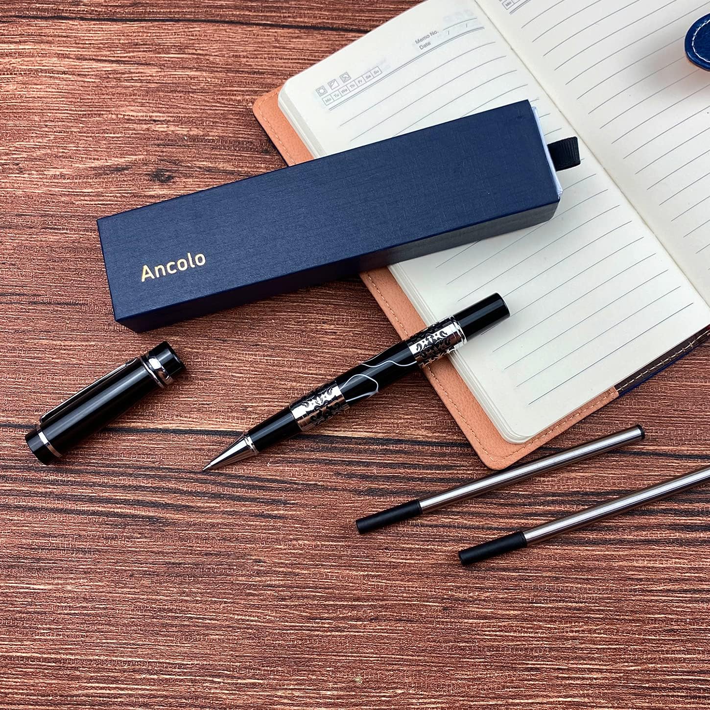 Ancolo Custom Personal Office Pens 10 Ink Refill - Quality pens Fine point -Engraved Team Name, Phone Number, Message Gift for Bank, Office, Business Hotel Lobbies 5 Pack/Set