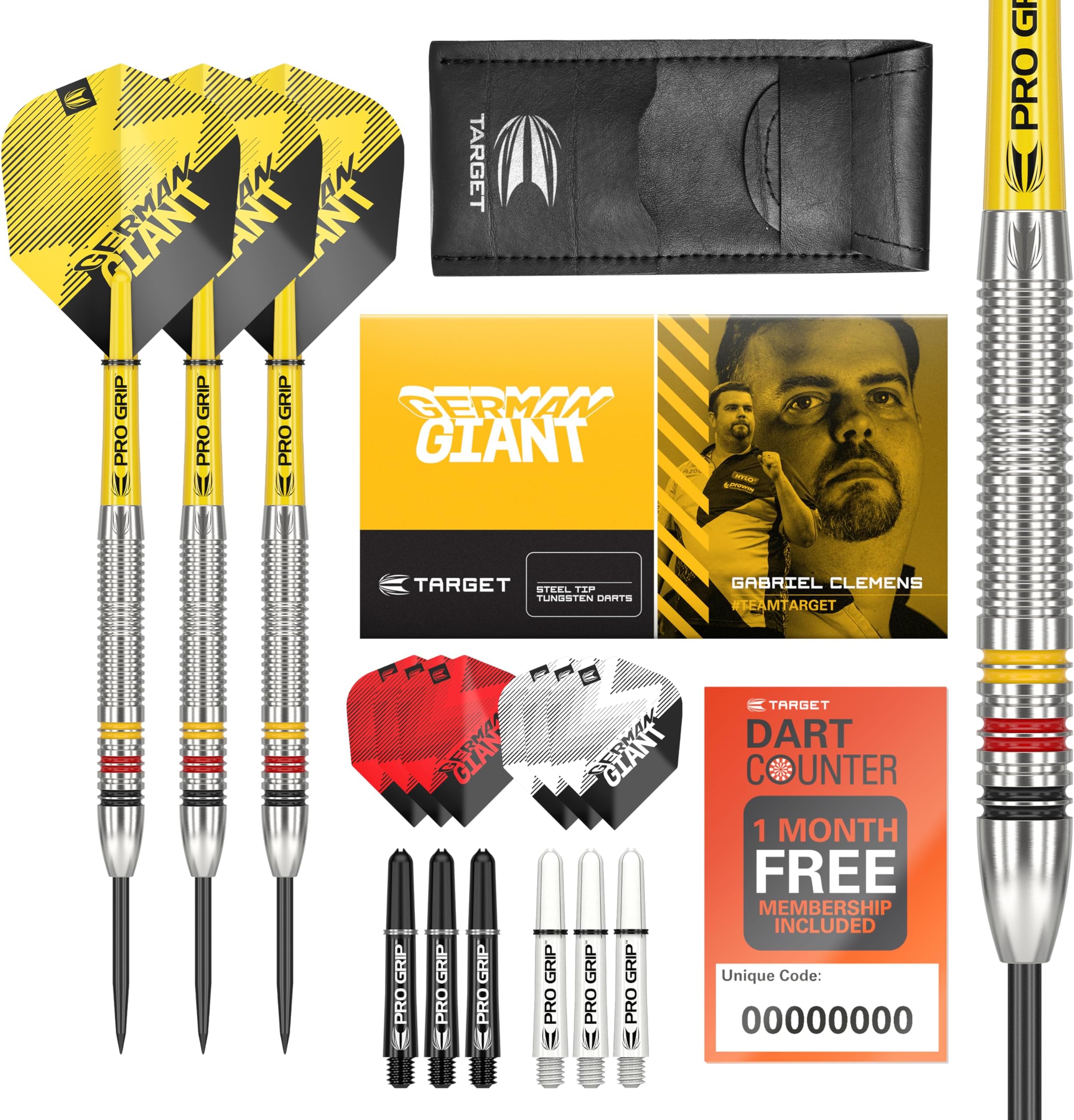 Gabriel Clemens 23G Tungsten Steel Tip Darts Set - 9 Pro Grip Shafts - 9 Pro Ultra Flights โ Dart Wallet - Dart Counter App Coupon Bundle