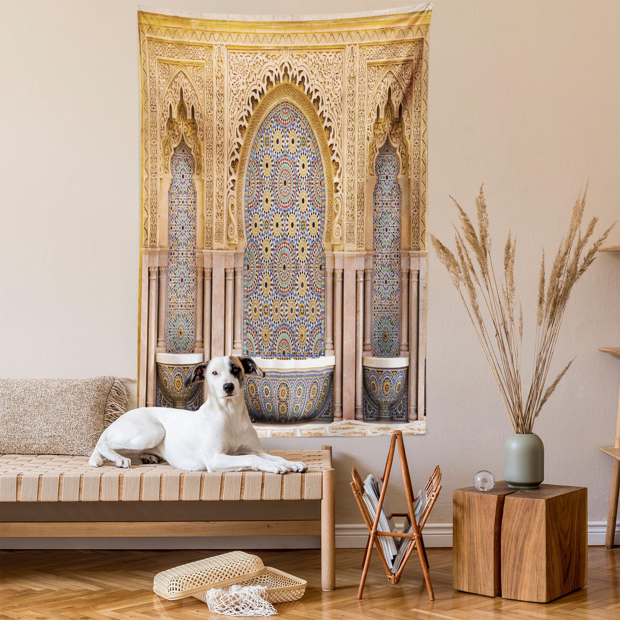 ABAKUHAUS Marocchino Tappeto da Parete e Copriletto, Rabat Torre di Hassan, più Tecnologia Moderna Digitale, 110 x 150 cm, Albicocca Pallido Brown