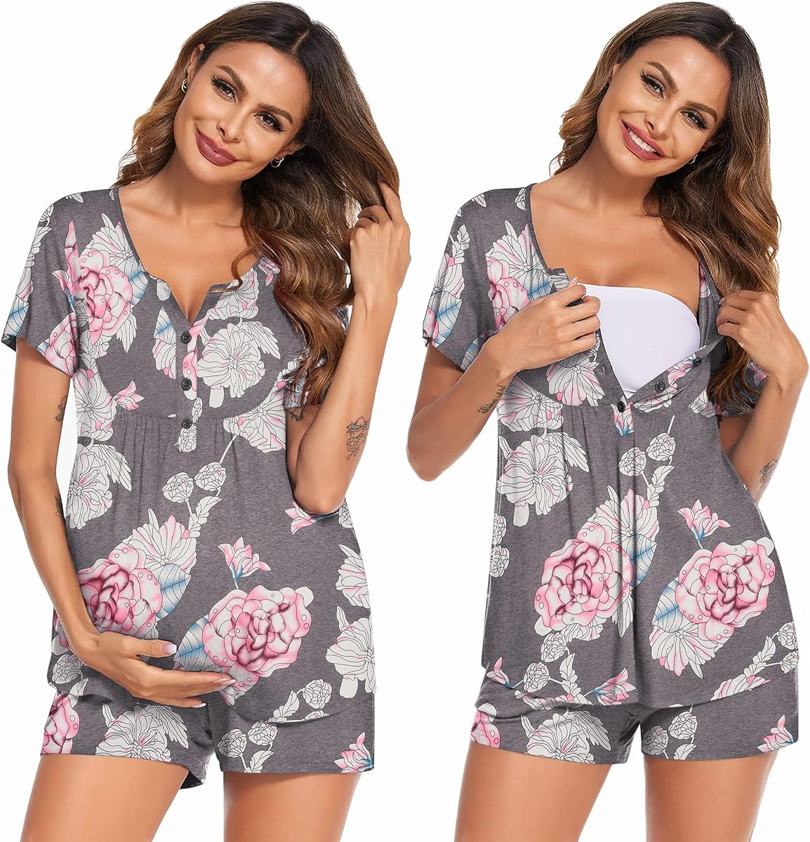 Ekouaer Women Maternity Nursing Pajama Sets Short Sleeve Postpartum Pajamas | Buttery Soft, Breastfeeding Pregnancy Clothes, Two Sides Pockets, Labor & Delivery Shorts & Pants, Mom Essentials Outfit