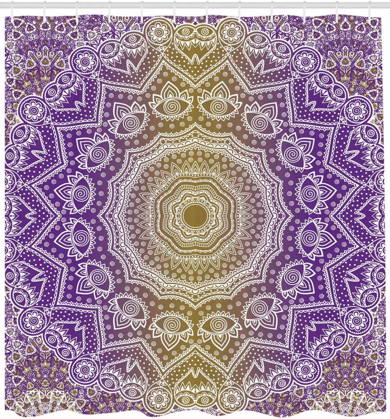 Ambesonne Yellow and Purple Shower Curtain, Mandala Ombre East Tradition Deep Mystic Magic in Cosmos Psychic Image, Cloth Fabric Bathroom Decor Set with Hooks, 70" Long, Violet Yellow 70" Long Violet Yellow