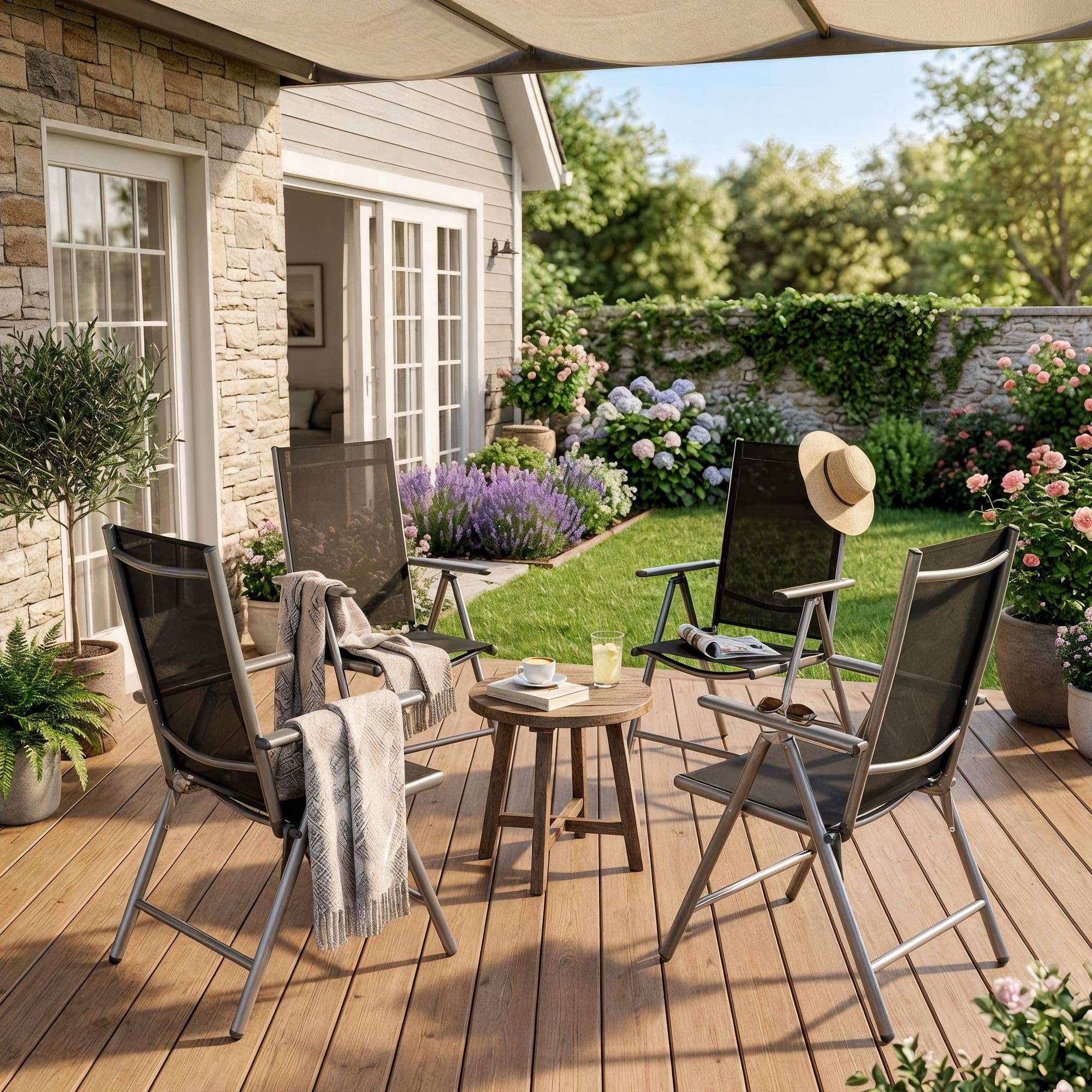 AREBOS Lot de 4 Chaises de Jardin Pliables à Dossier Haut | Dossier Réglable 7 Positions Jusqu’à 150° | Aluminium | Résistantes aux Intempéries et UV | Charge 120 kg