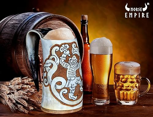 Miniatura 3 de NORSE EMPIRE Taza de cuerno vikingo prémium para cerveza Ale, edición especial, Ragnarok, con detalles, medievales, nórdicos, para vikingos, brillo