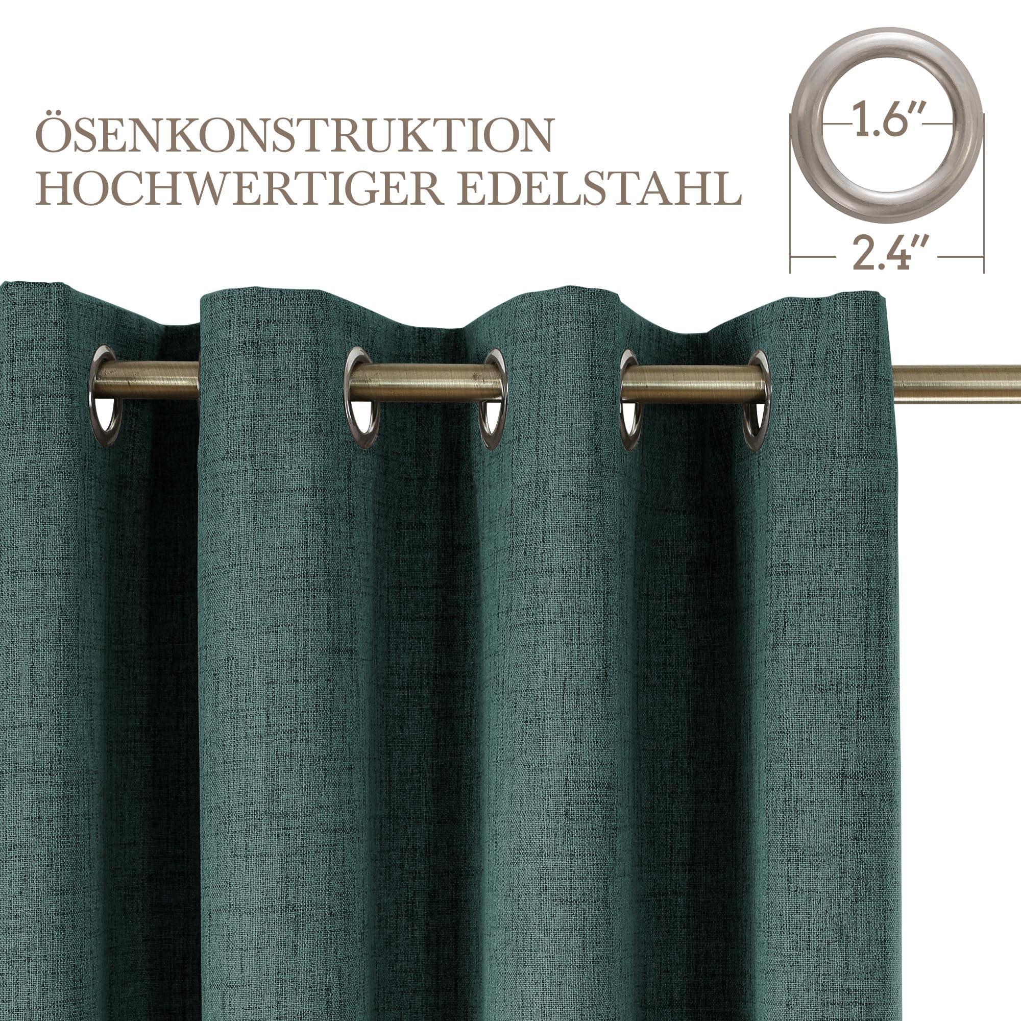 CUCRAF Zasłona w 100% nieprzezroczysta, lniana zasłona na przelotkach, zasłona zaciemniająca, w kolorze zielonym, wys. 200 x szer. 140 cm, zestaw 2 sztuk, termiczna ochrona przed zimnem, izolacja