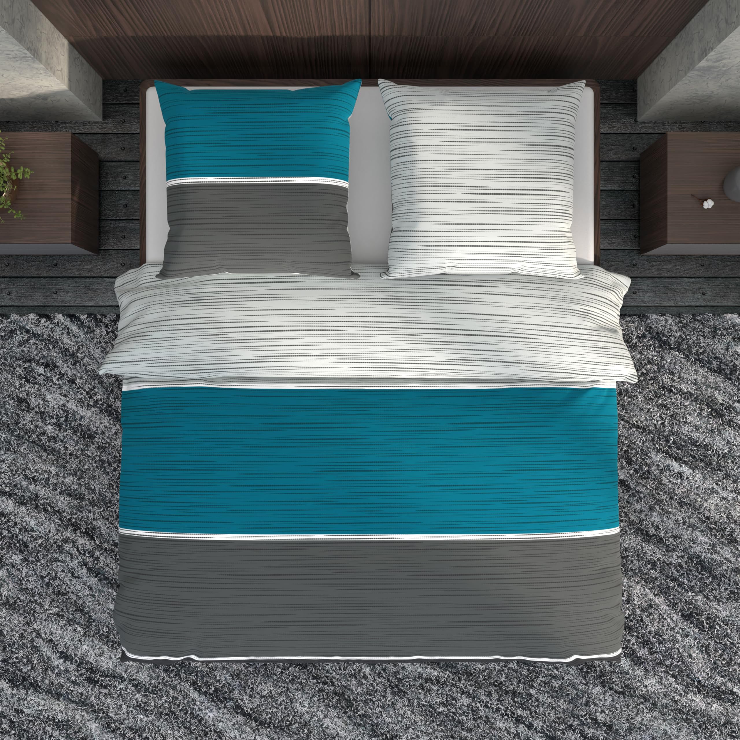 LARAWELL Biancheria da letto 135 x 200 cm, in cotone, per tutto l'anno, colore: blu e grigio a righe