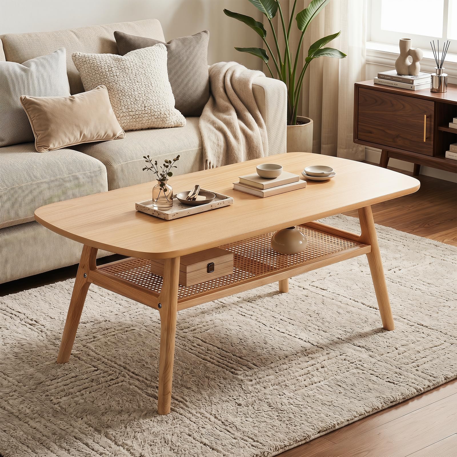 COSTWAY Table Basse Bois avec Étagère en Rotin (Naturel)