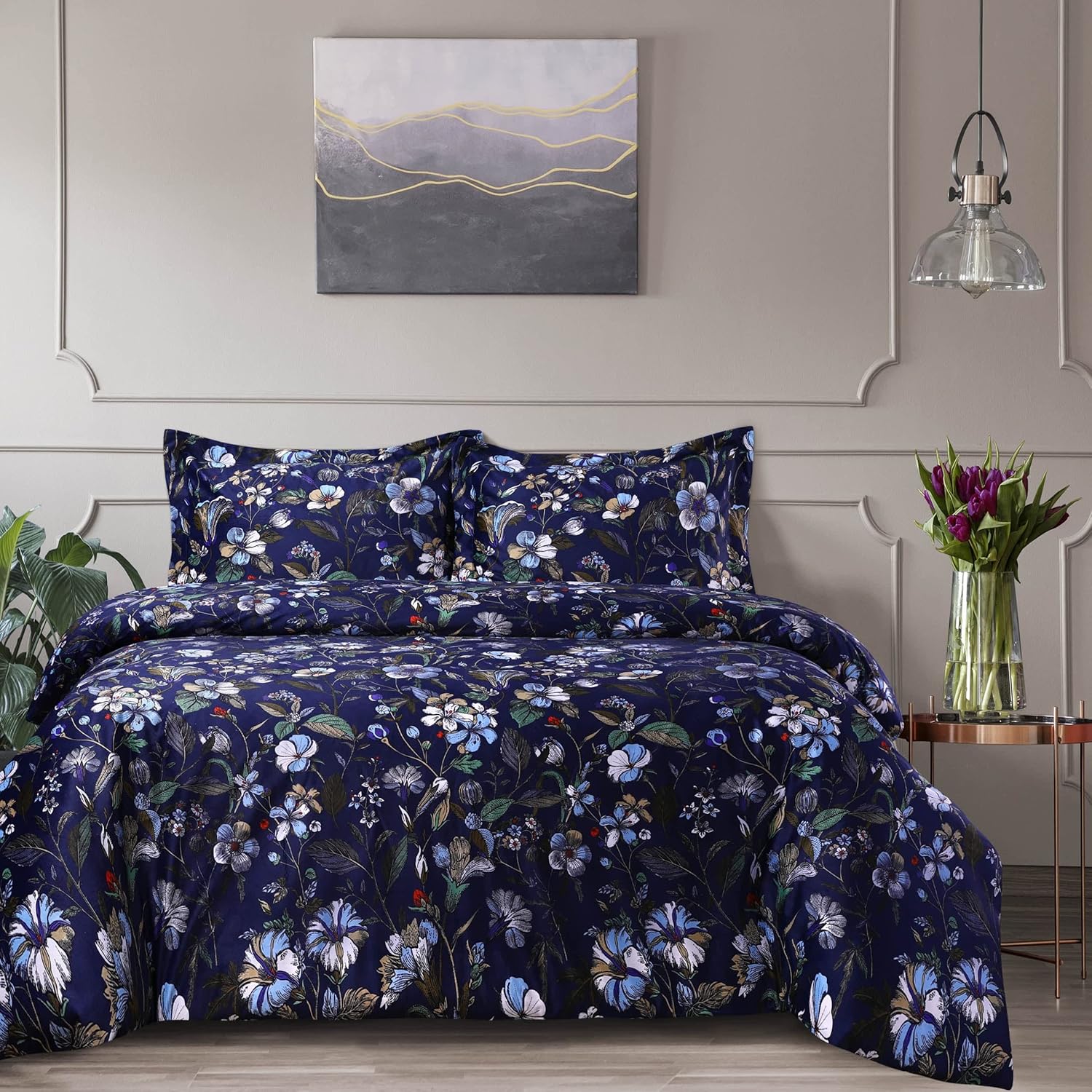 Tribeca Living Velvet Floral Printed King Duvet Cover Set, Soft Touch, Oversized, Luxury Three Piece Set Includes One Duvet Cover and Sham Pillowcases, Calla Multicolor