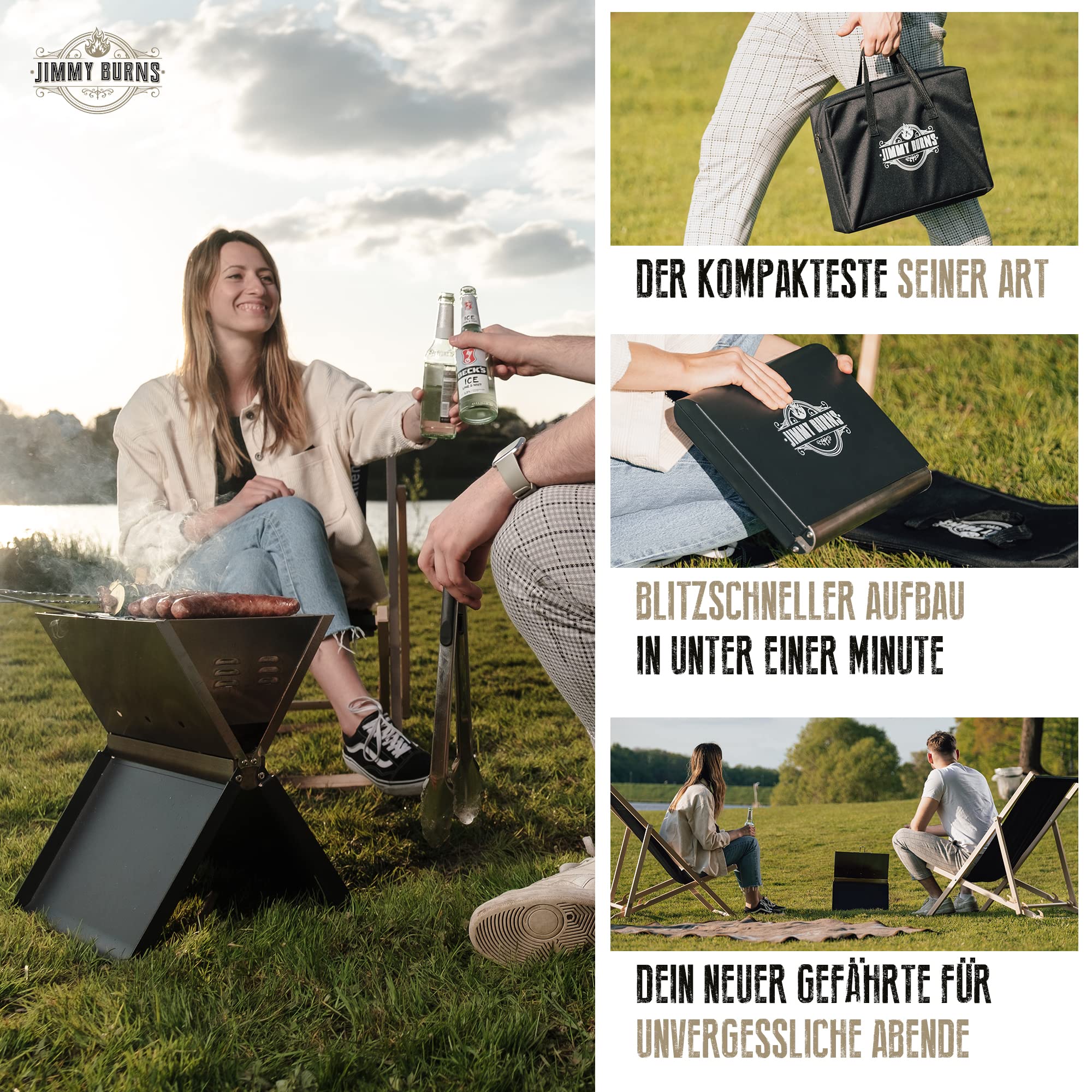 JIMMY BURNS Campinggrill Holzkohle Edelstahl | [Notebook Design] | für 2-4 Personen | Barbecue Klappgrill für Camping, Outdoor, Reise, Festival, Picknick | inkl. Grill Zubehör