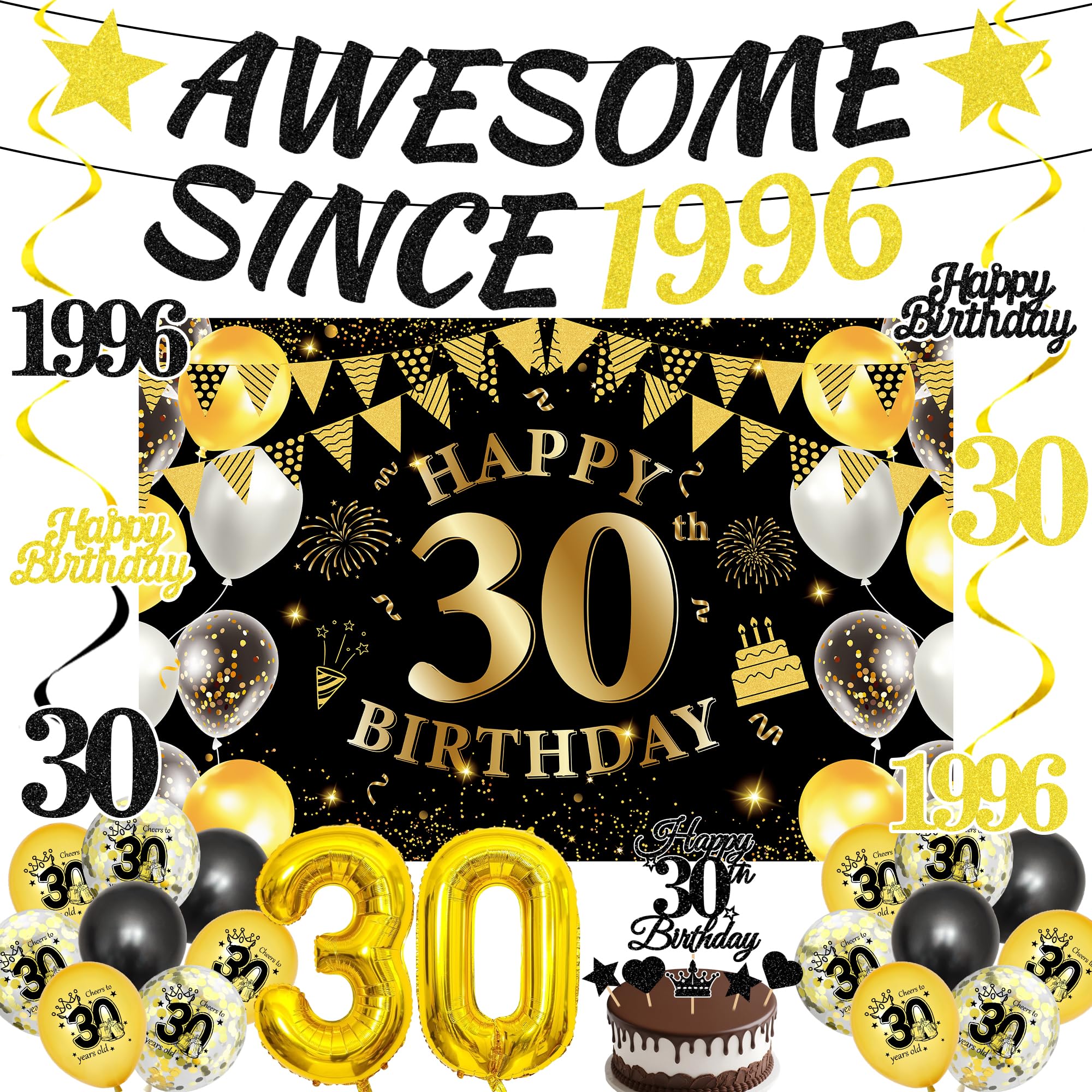 30th Birthday Gift Decorations Men - 31 Pcs Black Gold Awesome Since 1996 Banner Happy 30th Birthday Background Banner Balloons Hanging Swirls for Thirty Year Old Party Supplies Decor