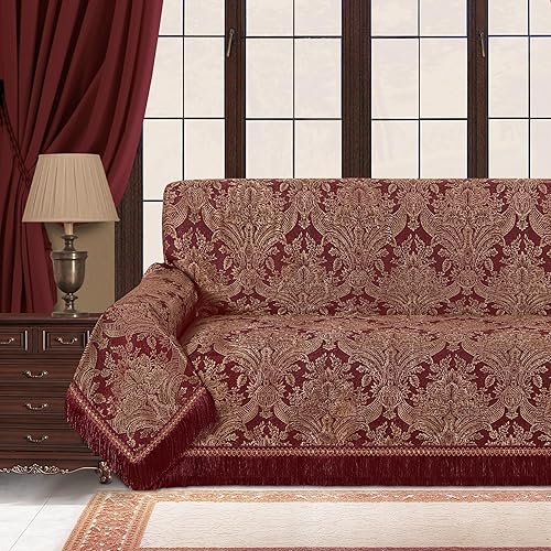 Miniatura 9 de Loom and Mill Fundas de sofá de lujo, funda clásica de damasco jacquard de felpilla gruesa, protector de muebles con borde de encaje y borlas hechas