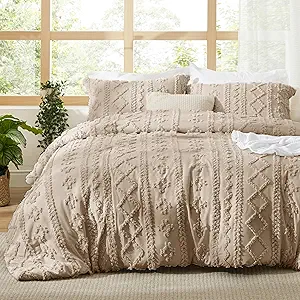 Bedsure Tufted Boho Comforter Set Full Size - Khaki Boho Bed Set, GentleSoft™ 3 Pieces Farmhouse Shabby Chic Embroidery Bedding, Gifts for Woman, Soft Jacquard Full Comforter for All Seasons