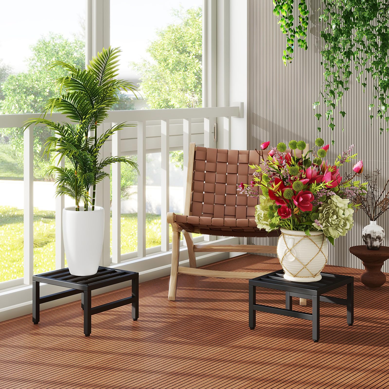 IBUYKE 2 Pezzi Supporto per Piante in Metallo per Interno Esterno, 30cm Supporto per Vasi di Fiori Piccole, Moderno Quadrato Scaffale per Piante e Fiori per Balcone Giardino, Nero TMJ075B-2