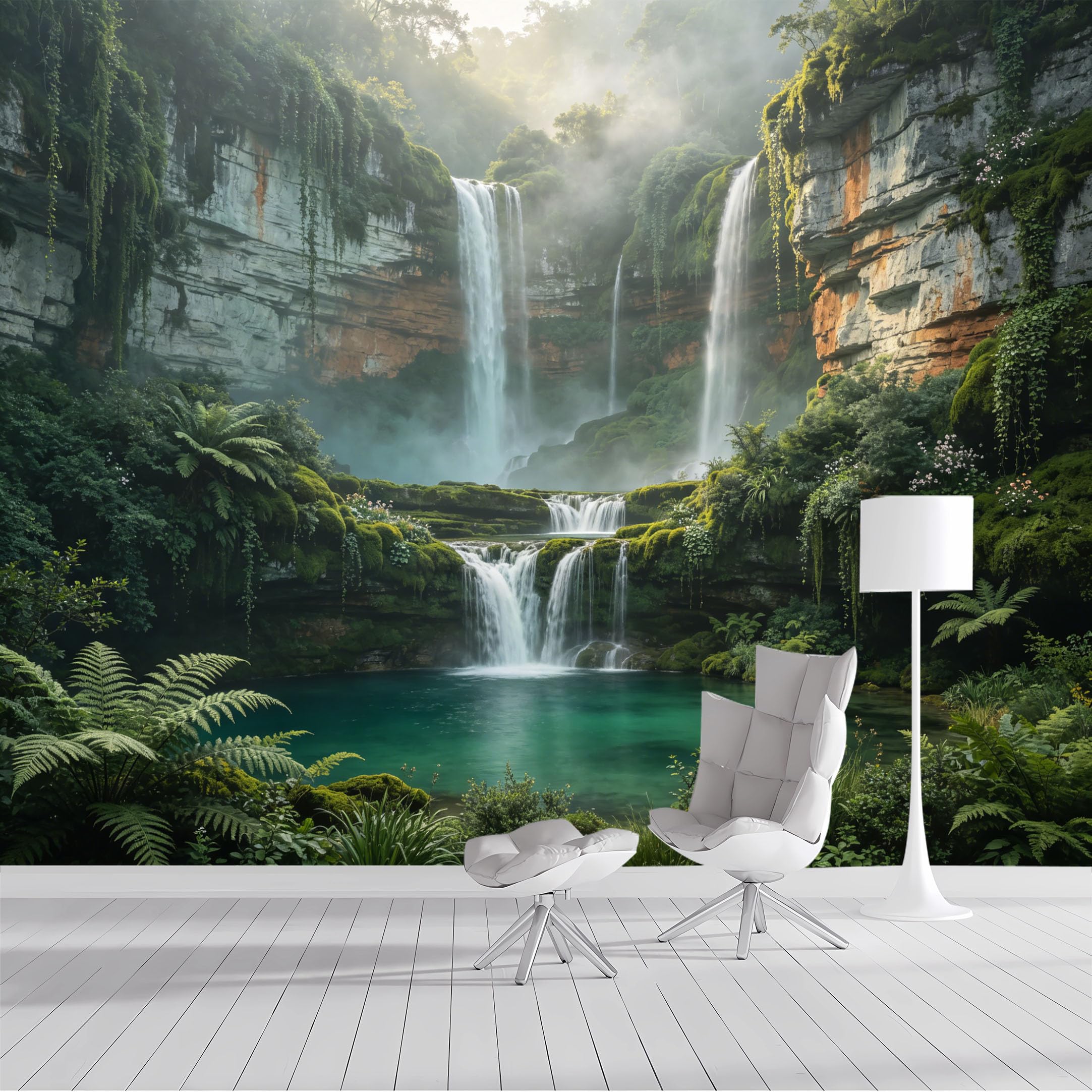 Custom Size Wall Mural Lush Jungle Waterfall Tropical Rainforest Landscape Watercolor SelfAdhesive Wall Fabric Removable Peel and Stick Wallpaper Wall Decor for Living Room Bedroom Bathroom