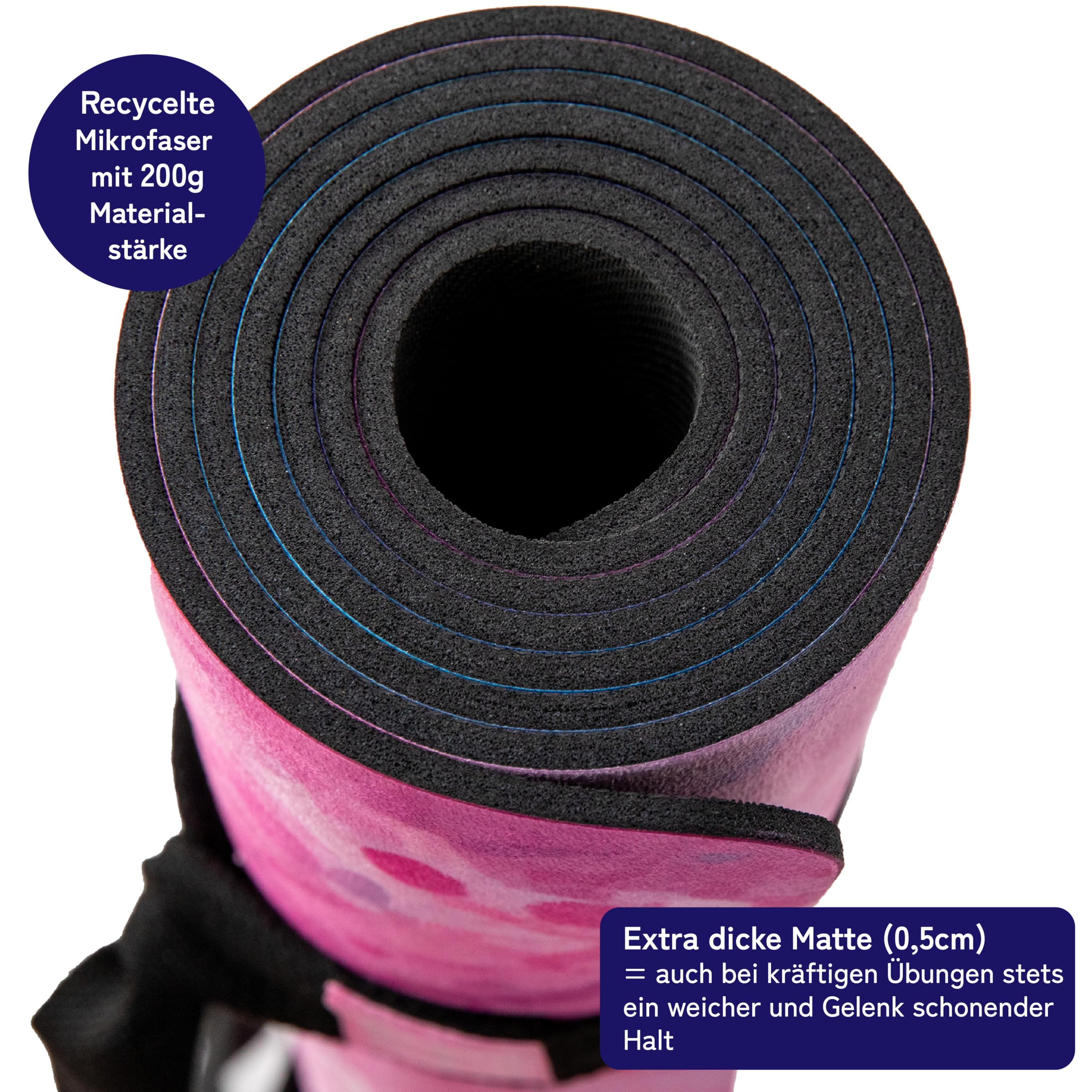 Premium Yogamatte: echter Naturkautschuk rutschfest & weiche rutschfeste Mikrofaser, extra-breit, extra-dick (183x68x0,5cm), Tragegurt & Strap, auch Pilates-Matte