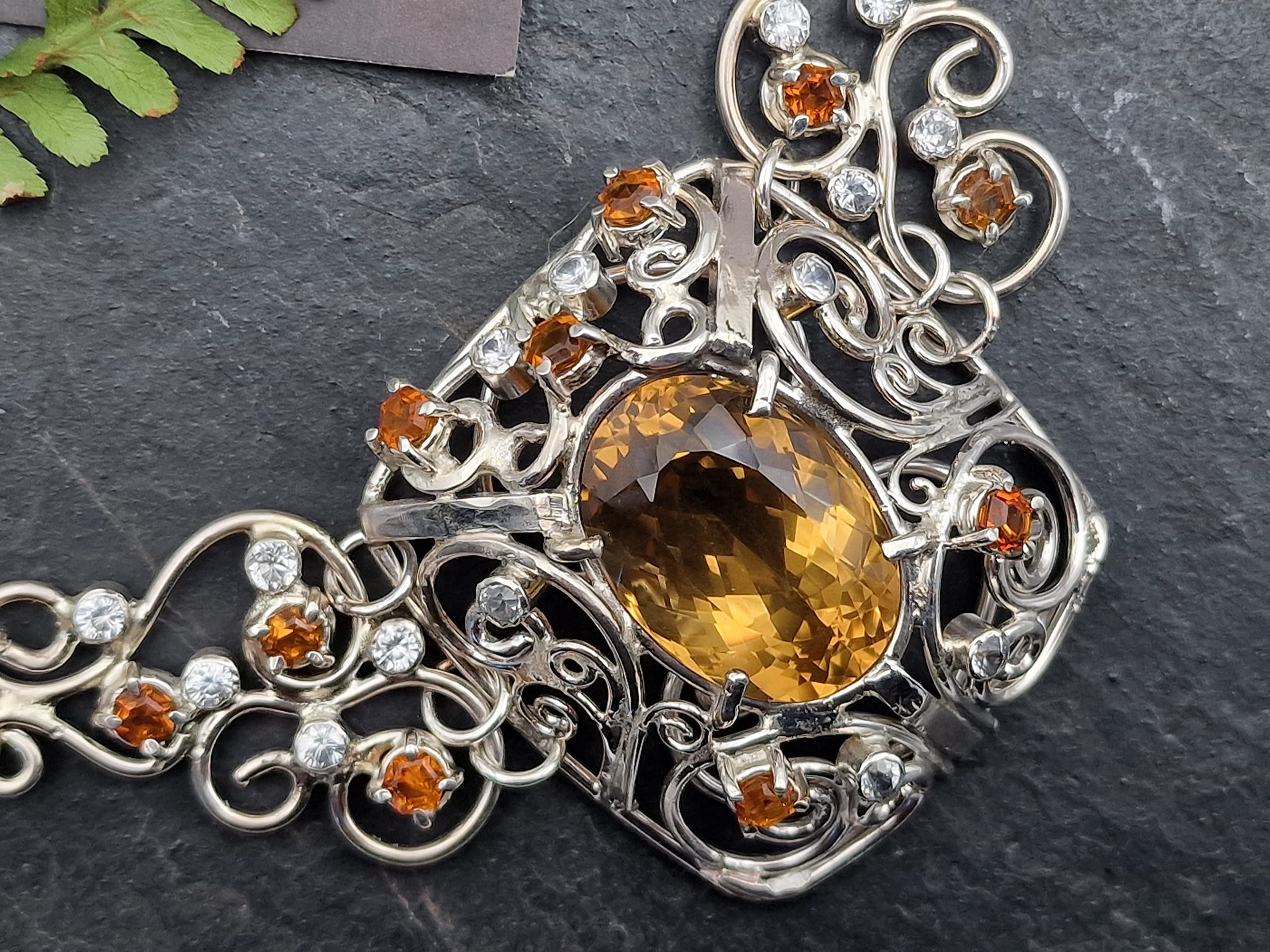 Majestätisches Citrin - Bergkristall Collier aus 925er Silber, handgefertigte Kette, Groß, Statement, Königlich, aufwendig, leicht, Unikat, Handarbeit
