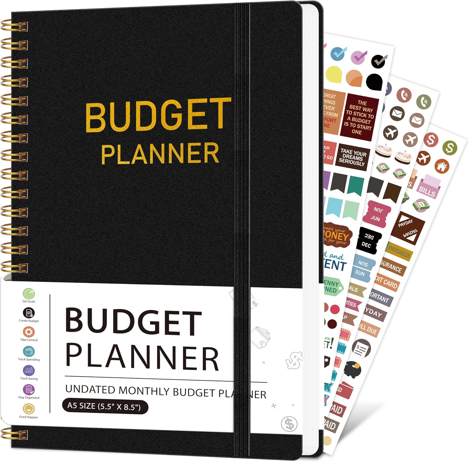 DOURA Monthly Budget Planner, Monthly Budget Book Planner with Expense Tracker Notebook, 5.5" x 8", Undated Budget Planner and Bill Organizer with Stickers and Cash Envelopes - Black