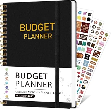 DOURA Monthly Budget Planner, Monthly Budget Book Planner with Expense Tracker Notebook, 5.5" x 8", Undated Budget Planner and Bill Organizer with Stickers and Cash Envelopes - Black