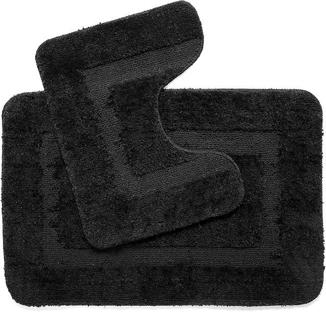 Penguin Home Microfiber Plush Soft Bath Mat Set of 2|Box - Black||Rectangle and U Shaped Contour|Absorbent Washable Toilet Rug Bathroom Mat Sets 2 Piece Non Slip Latex Backing|50x80&50x40cm|