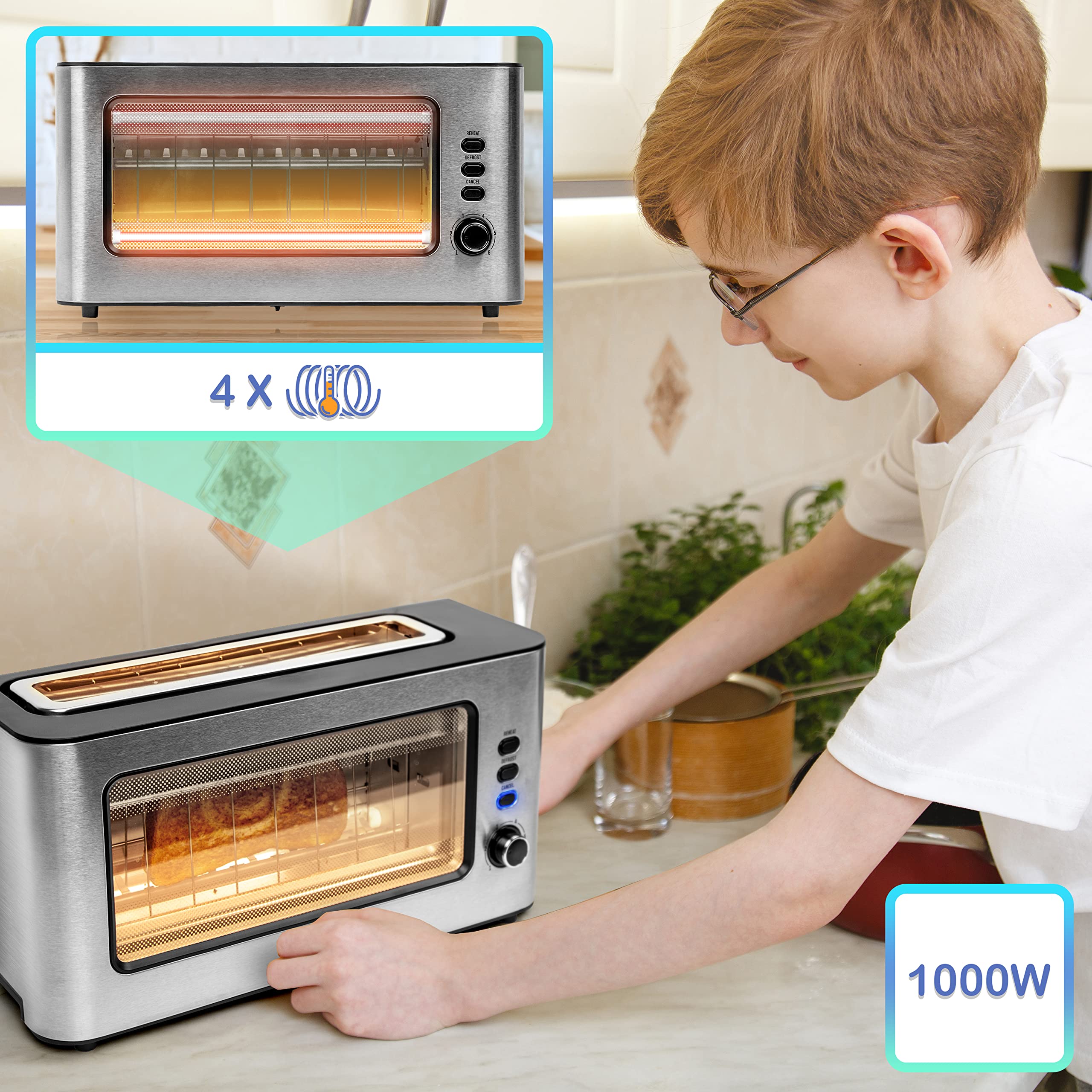 Duronic TB10 toaster with glass window 1000W | automatic for 2 slices of bread | sandwich toast | stainless steel | toaser | defrost and heat sandwiches | 6 temperature levels | compact