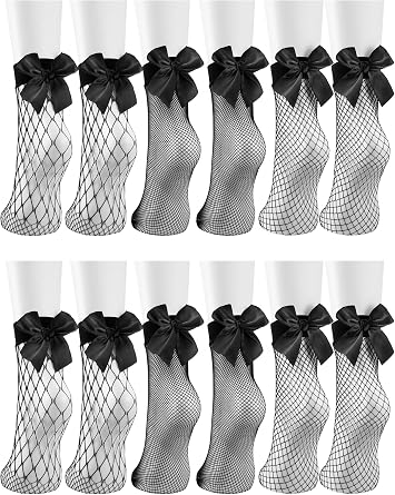 Geyoga 6 Pairs Black Women Fishnet Socks Dress Short Ankle Socks Hollow Mesh Lace for Cosplay Summer Wear