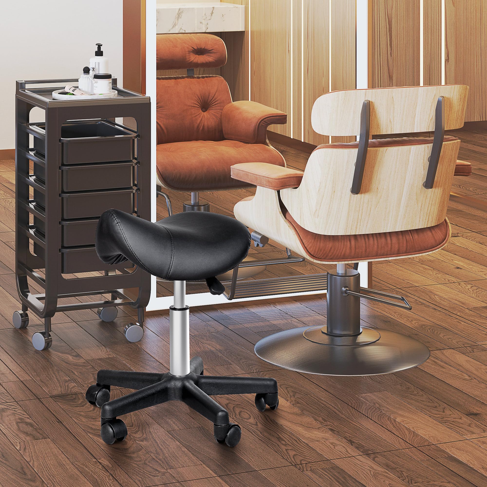 HOMCOM Tabouret à roulettes, Tabouret de Massage avec Hauteur réglable 43-55 cm et Selle Ergonomique, Chaise de Travail à roulettes pivotant 360°, pour Salon de Massage, Tatouage, Clinique, Spa, Noir
