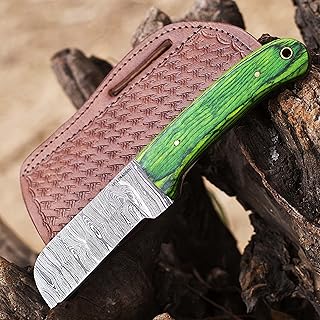 Custom Handmade Damascus steel Bull cutter knife, cowboy knives with pancake leather sheath (GREEN WOOD) - LH LIMASSOL