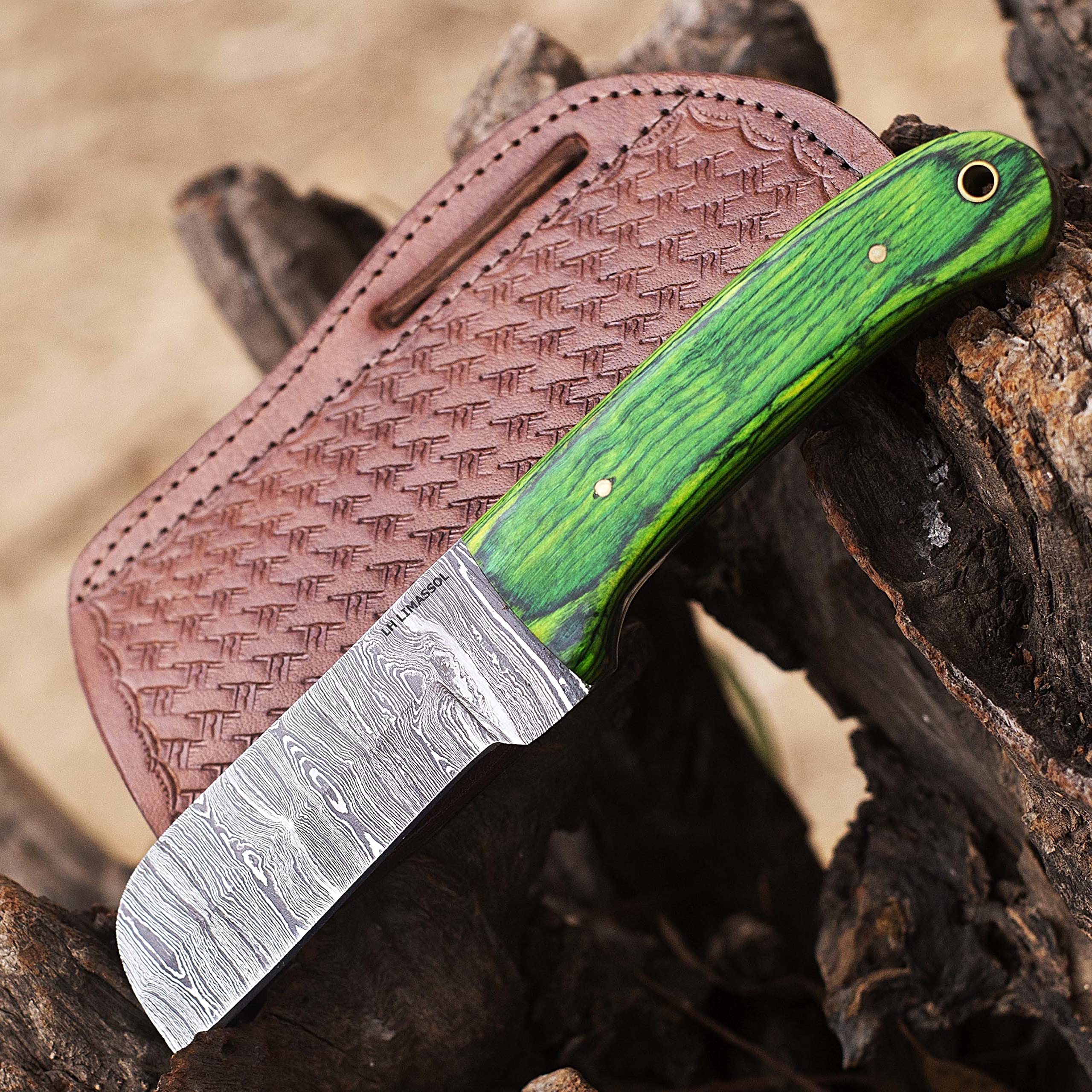 Custom Handmade Damascus steel Bull cutter knife, cowboy knives with pancake leather sheath (GREEN WOOD)