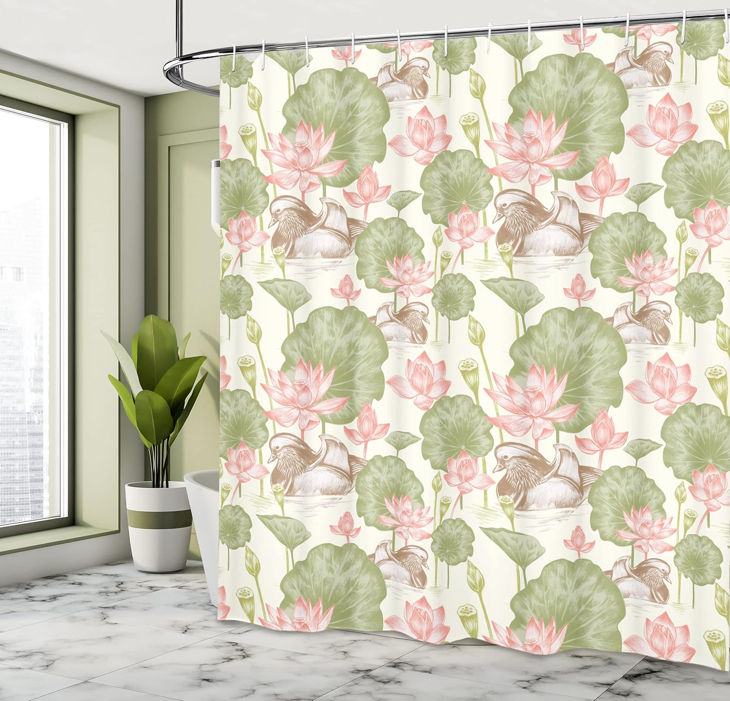 Ambesonne Rubber Duck Shower Curtain, Mandarin Ducklings in Lake Flowers Lilies Vintage Print River Nature, Cloth Fabric Bathroom Decor Set with Hooks, 69" W x 70" L, Pink Green