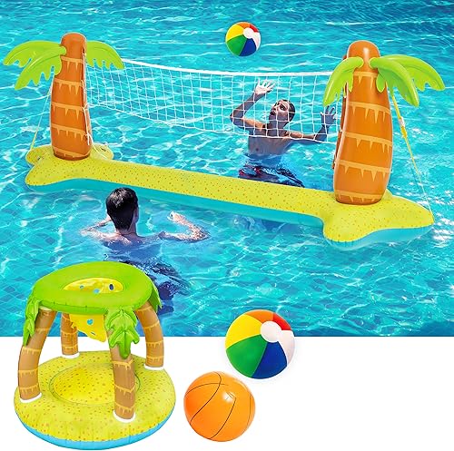 Sloosh Red de voleibol de piscina y aro de baloncesto con 2 bolas, flotador inflable de piscina con diseño de palmera, juguetes de piscina, juego de