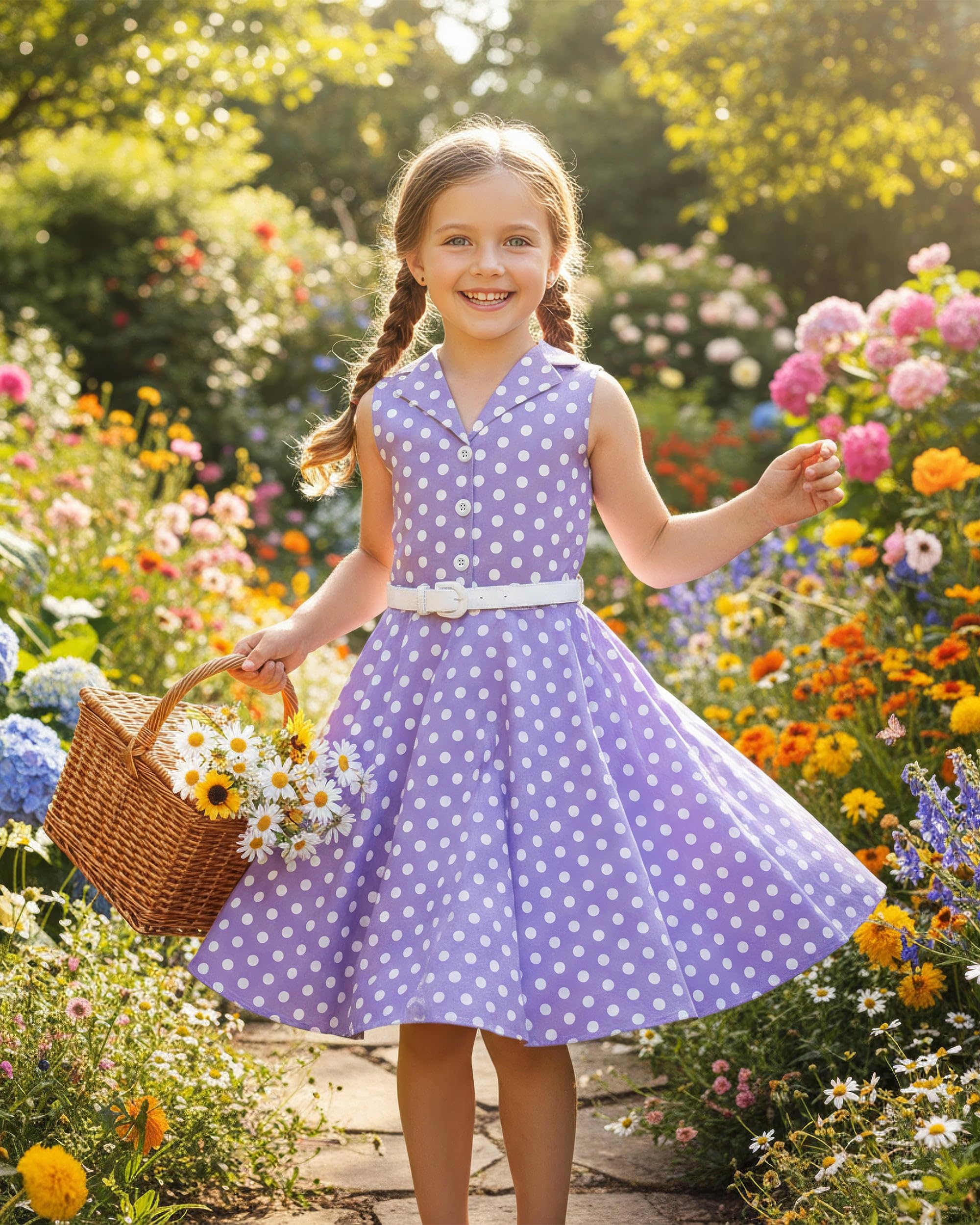 BlackButterfly Vestito Bambina Holly a Pois | Gonna a Ruota, Senza Maniche, Colletto Classico, Abbottonatura, Foderato, Cintura Removibile, 3-14 Anni