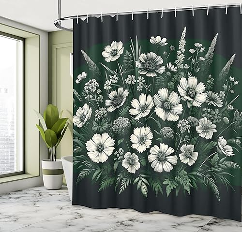 Miniatura 5 de Ambesonne Cortina de ducha Grunge Stall, patrón de flores y hojas en pared agrietada con líneas florales, diseño clásico, juego de decoración de