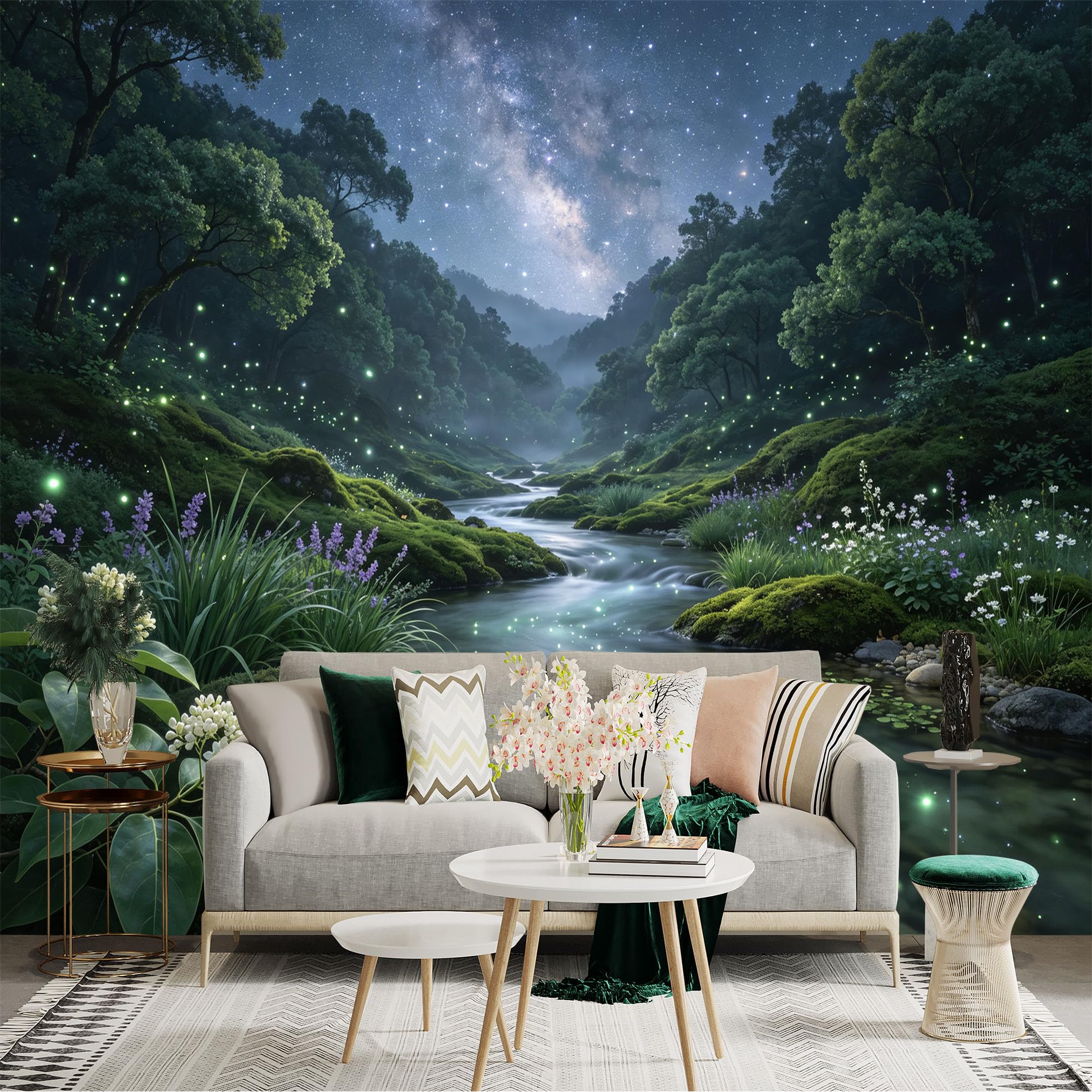 Lnzczhyre Bh260719522 Custom Size Wall Sticker Mural， Enchanted Forest Stream With Glowing Fireflies， Milky Way Night Sky， Lush Mossy Riverbank， For Wall Decoration， Peelandstick Wall Decals.