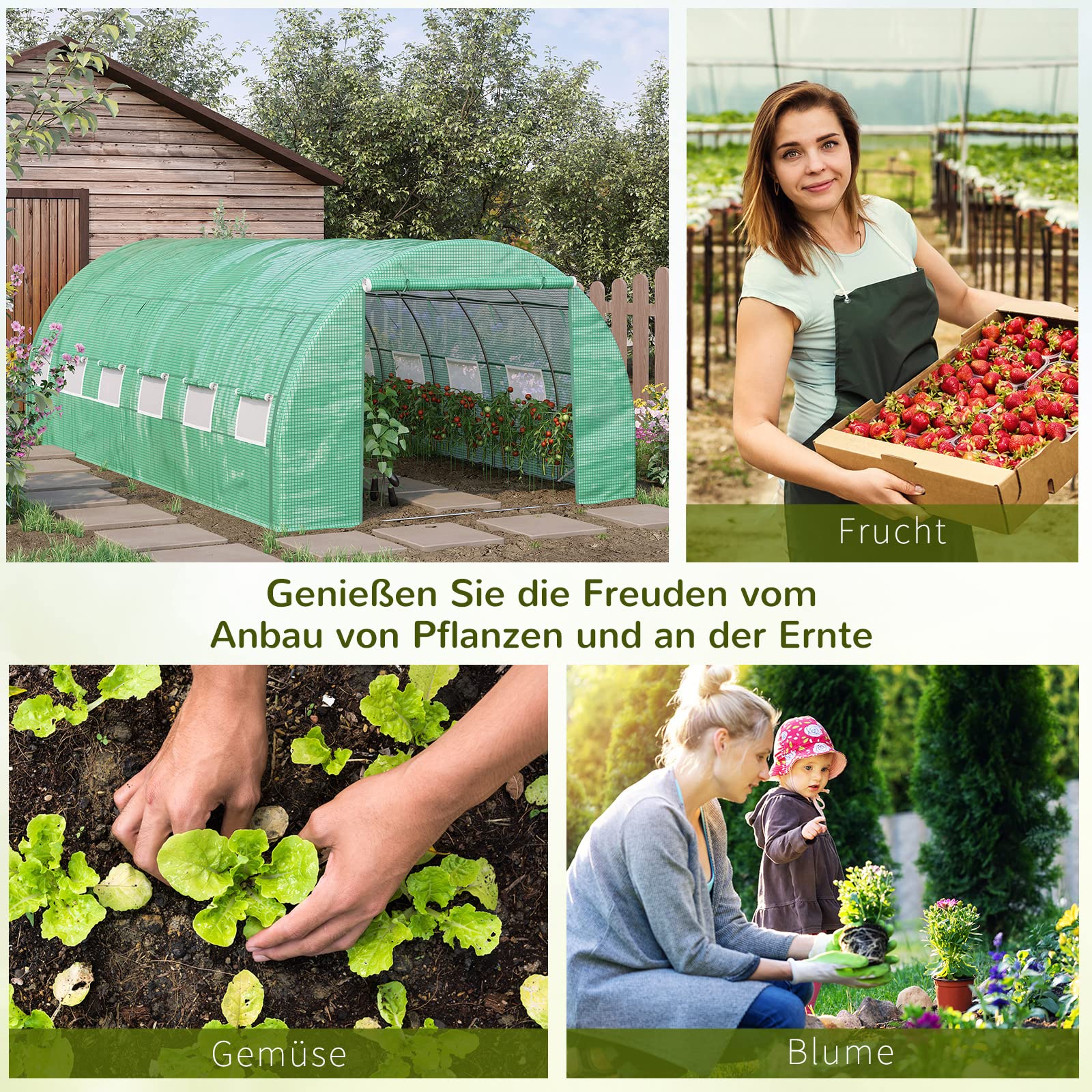 Outsunny Foliengewächshaus Polytunnel 6 x 3 x 2 m Begehbar UV-Schutz Grün | Aufrollbare Abdeckungen, Folientunnel, Treibhaus, Stahlrohr, Tunnel Gewächshaus 6x3