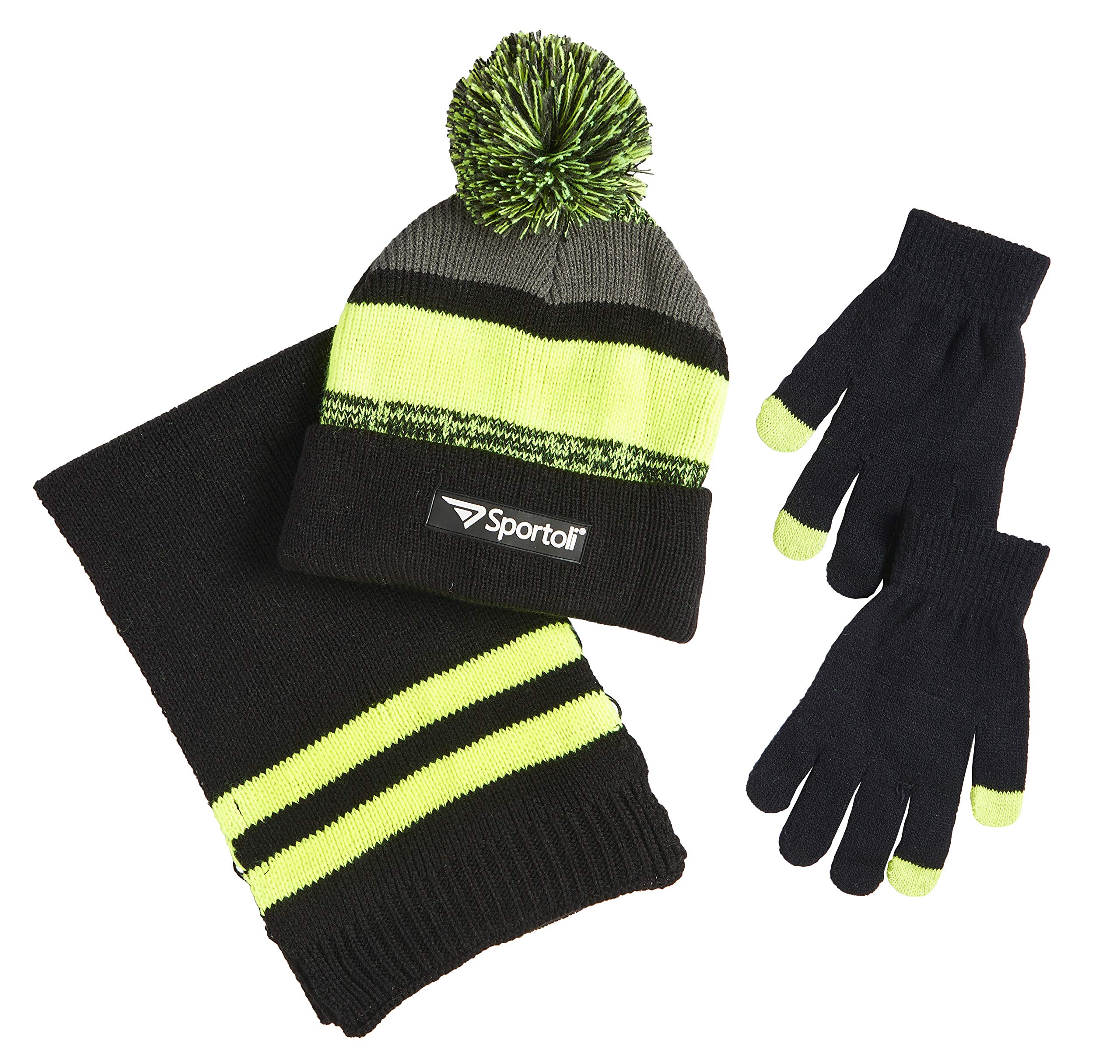 Sportoli Men’s Boys’ Kids 3-Piece Striped Knit Cold Weather Set Hat Scarf Gloves - Black/Lime/Grey (Size Kids / 4-7 Yrs)